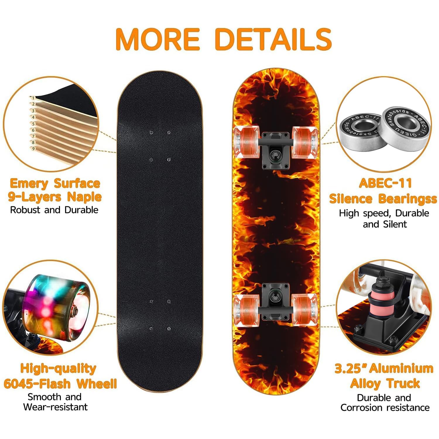 GIEEU Complete Skateboard – 31x8 Inch 9-Layer Maple with Flashing Wheels