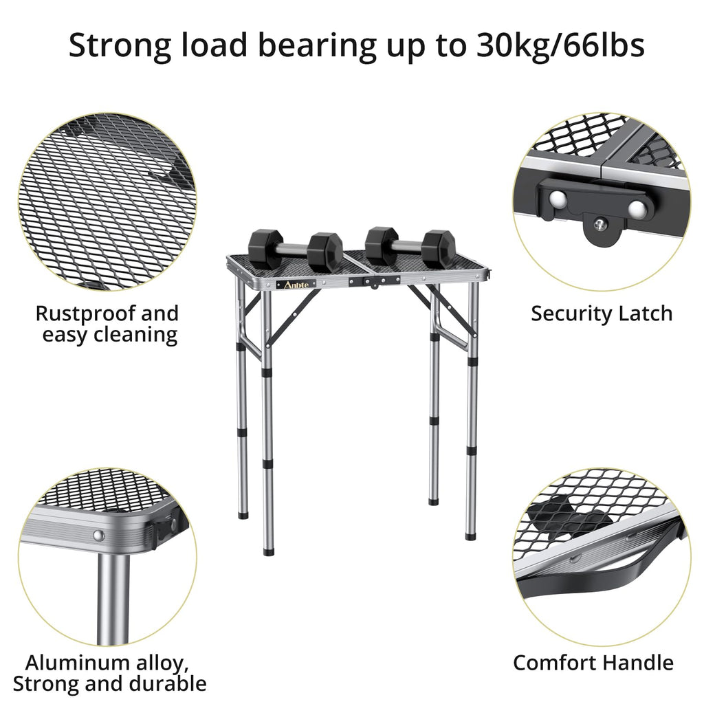 Anbte Folding Grill Table – 3 Adjustable Heights Aluminum Camping Table