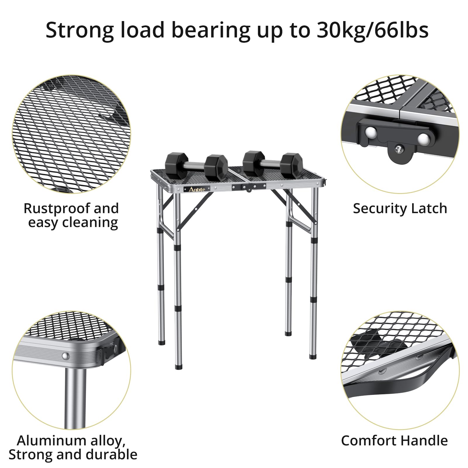 Anbte Folding Grill Table – 3 Adjustable Heights Aluminum Camping Table
