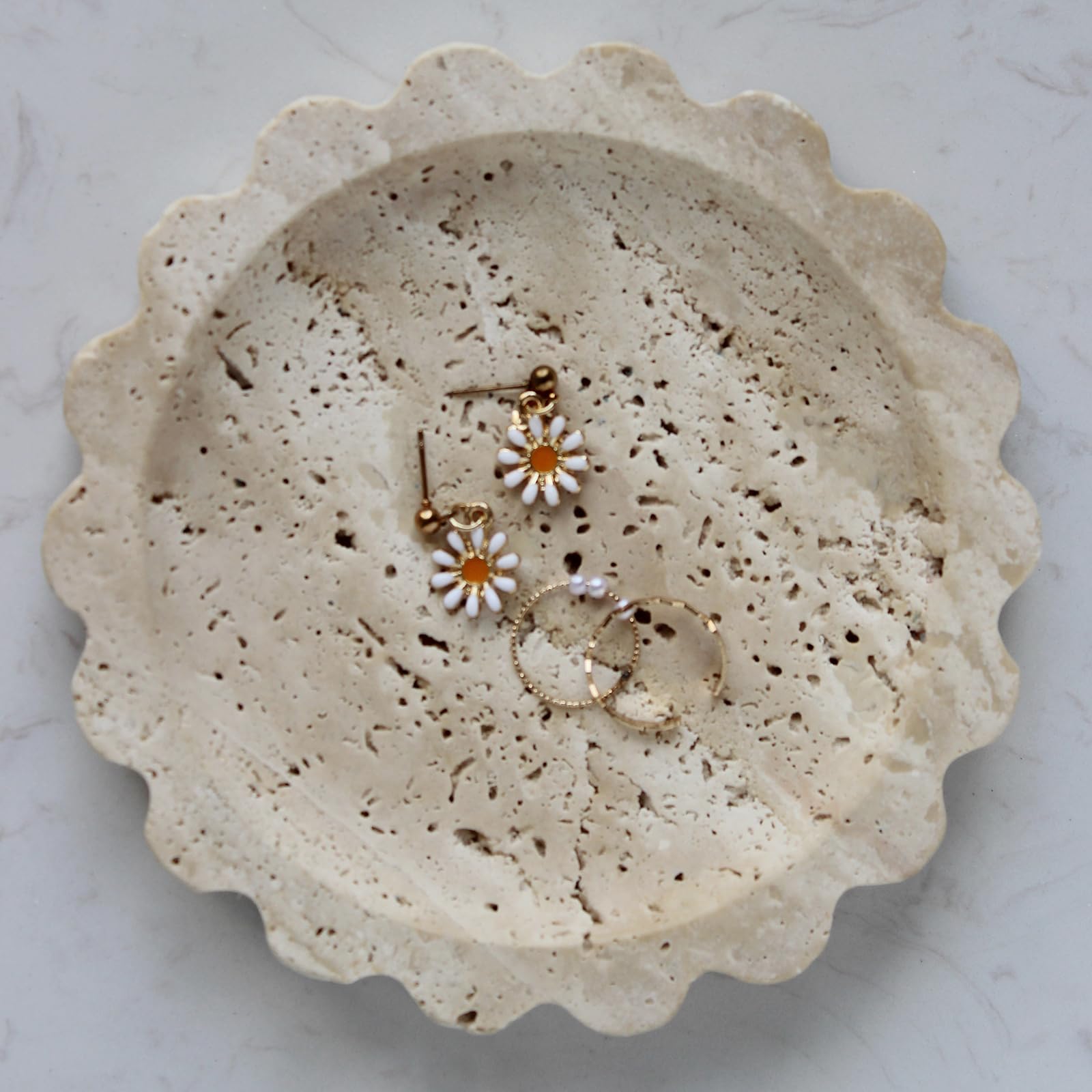 Scalloped Marble Tray – 16cm Round Beige Travertine Jewelry Tray
