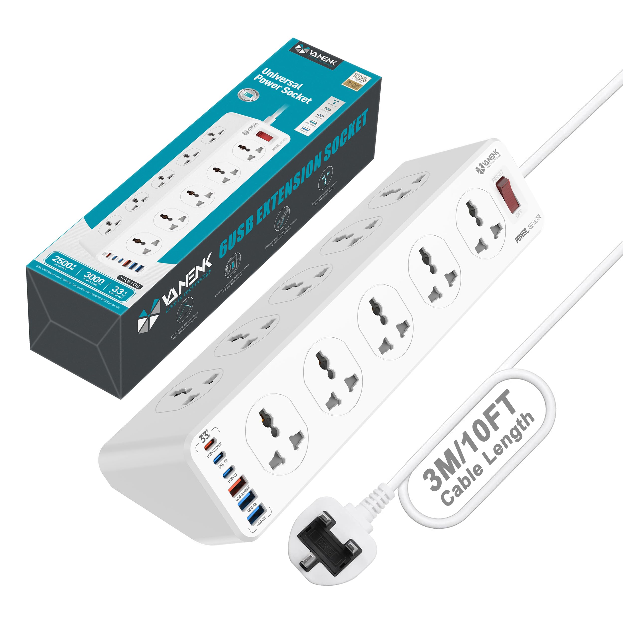 VANENIK 10-Way Extension Lead with USB C – 33W Fast Charging Power Strip 3M