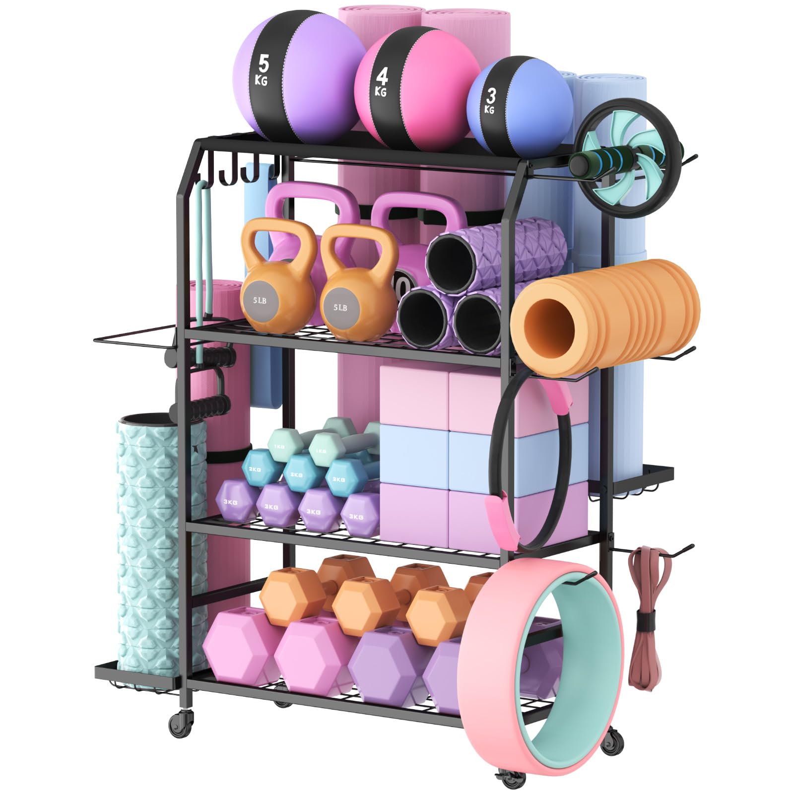 Lifewit Yoga Mat Holder | 4-Tier Metal Home Gym Storage Rack with Wheels