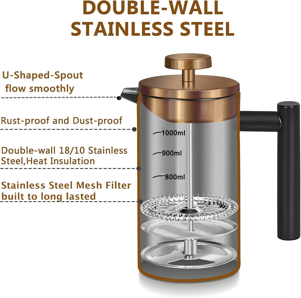 MaxMiuly 1.5L Stainless Steel French Press – Insulated Coffee Maker