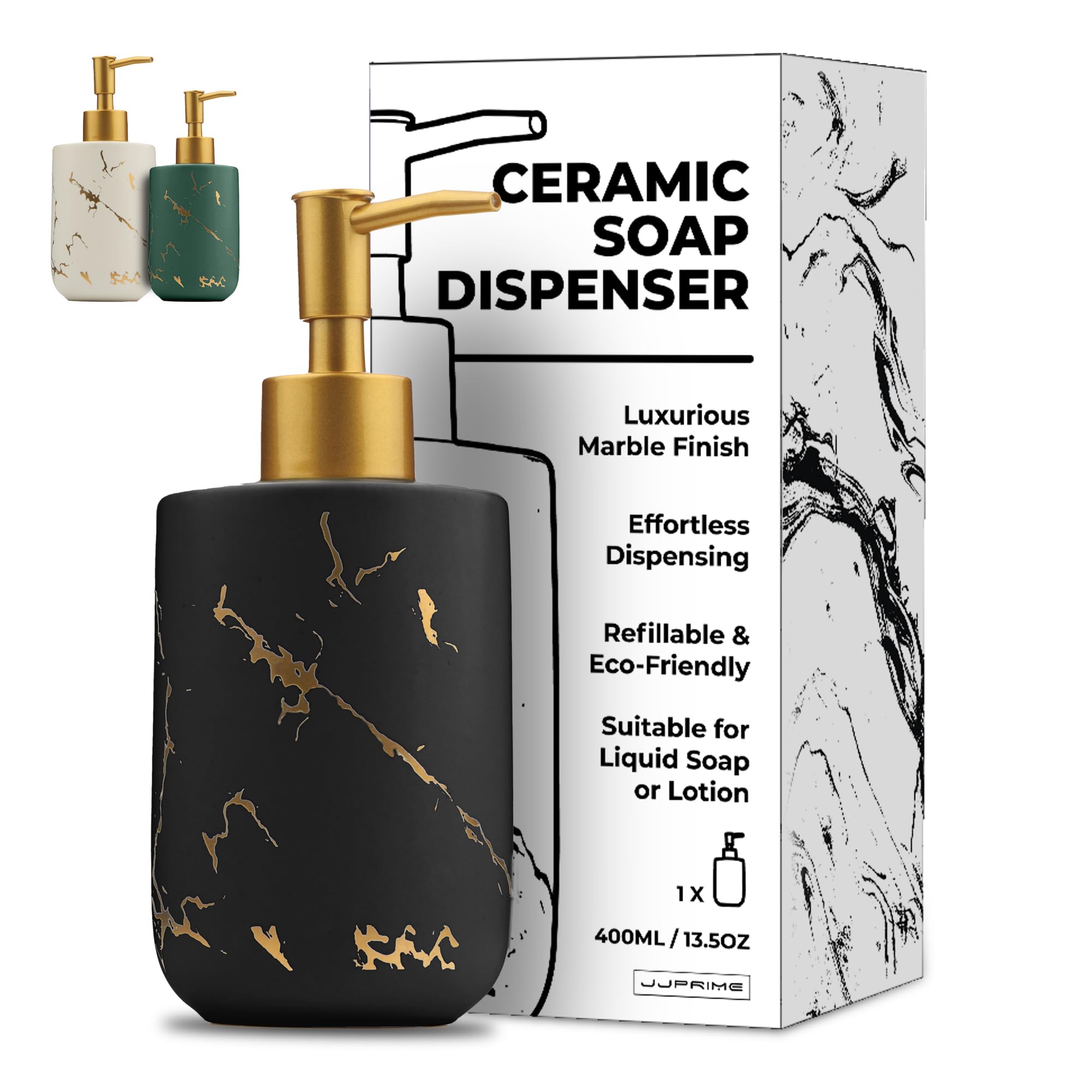 JJ PRIME Ceramic Soap Dispenser – 400ml Black Marble Look Pump Bottle