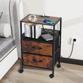 Slim Bedside Table with Charging Station – Rustic Brown