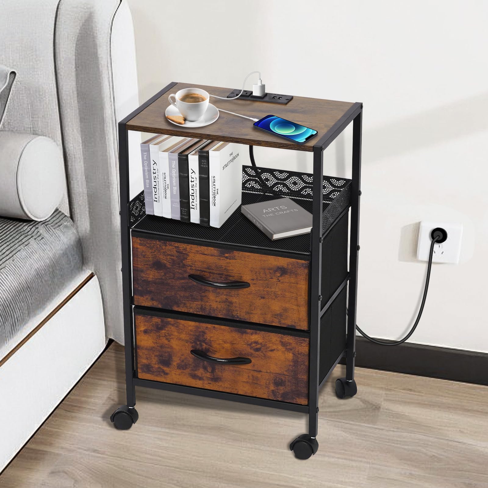 Slim Bedside Table with Charging Station – Rustic Brown