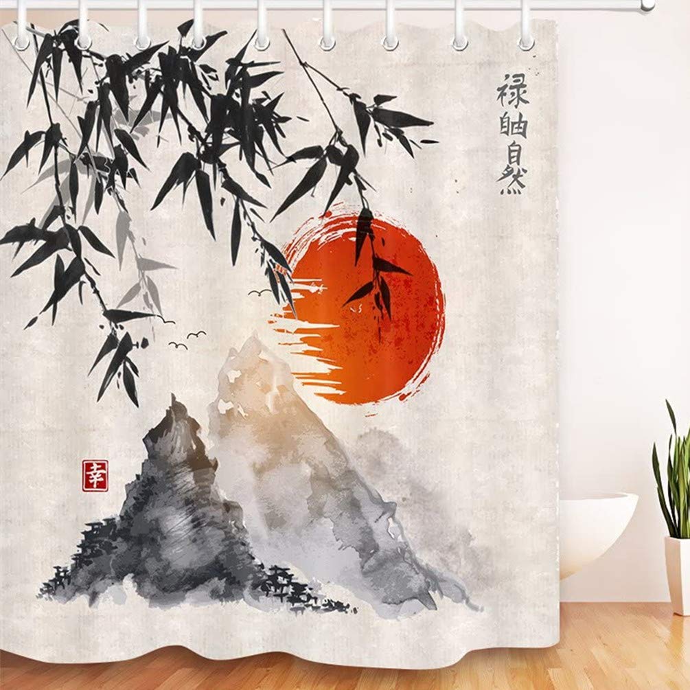 LB Japanese Sumi-e Shower Curtain | Bamboo Mountain Ink Art | 71x71 Inch