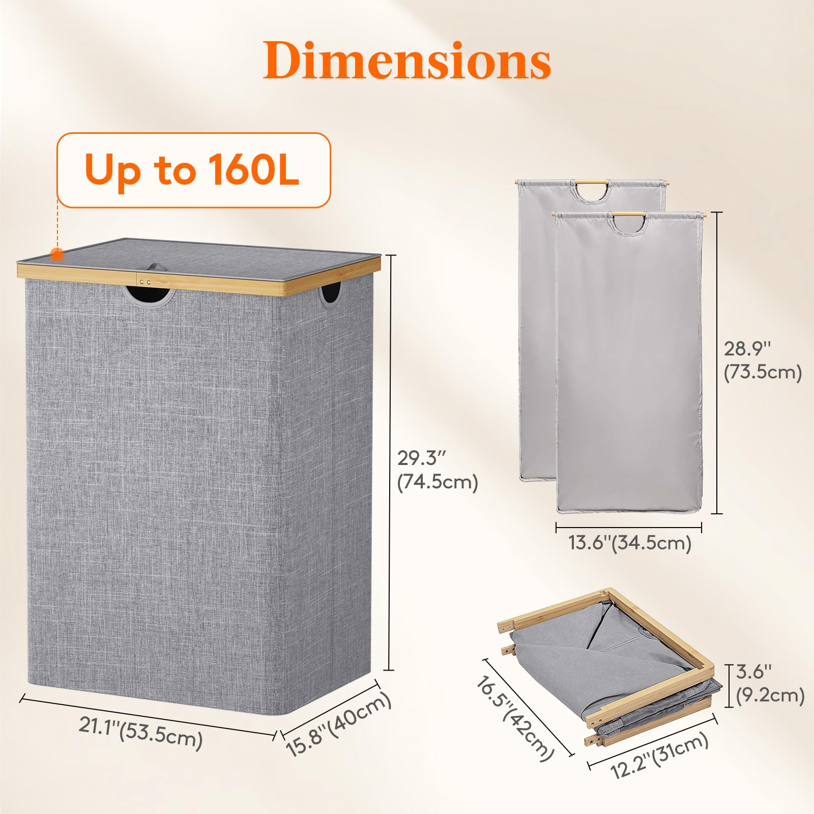 Lifewit 160L Bamboo Laundry Basket with Lid | 2-Section Folding Hamper