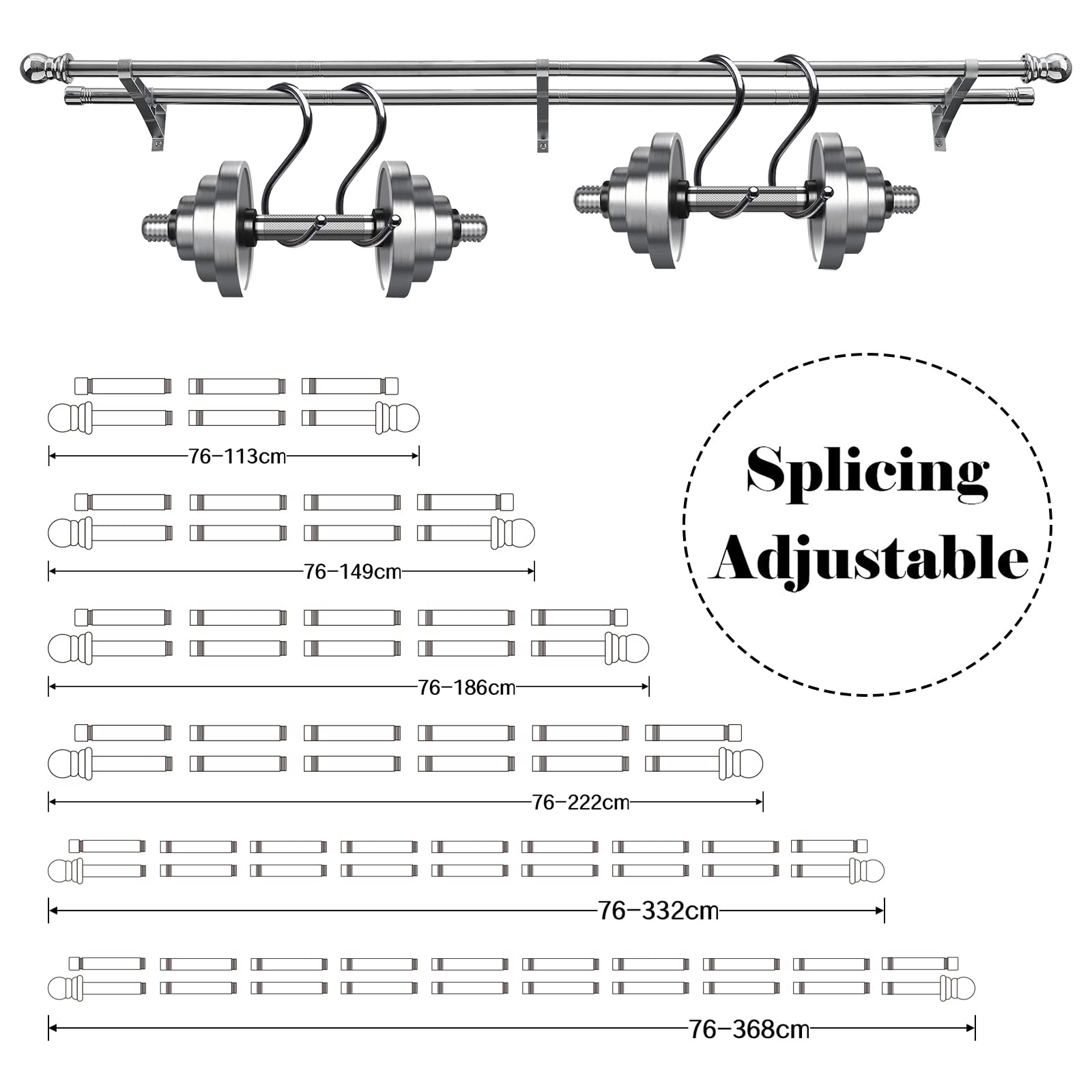 Harrms Double Curtain Pole – Silver Extendable Metal Rod, 76-368cm