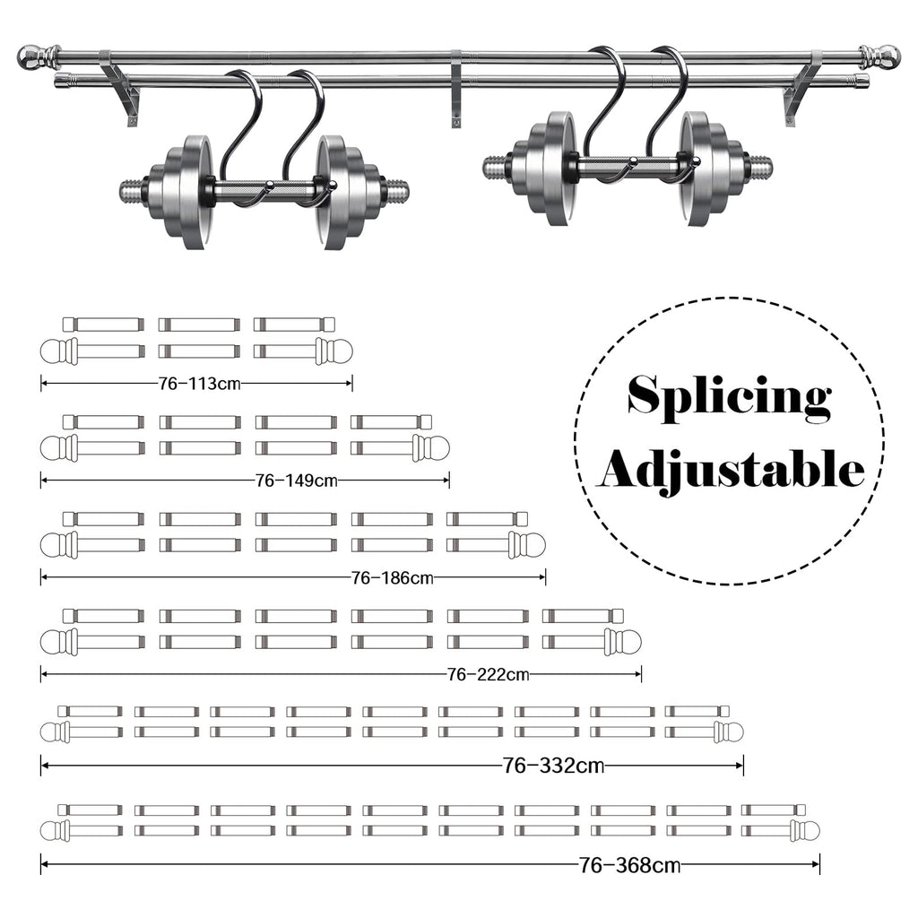 Harrms Double Curtain Pole – 76-332cm Extendable Silver Metal Rod