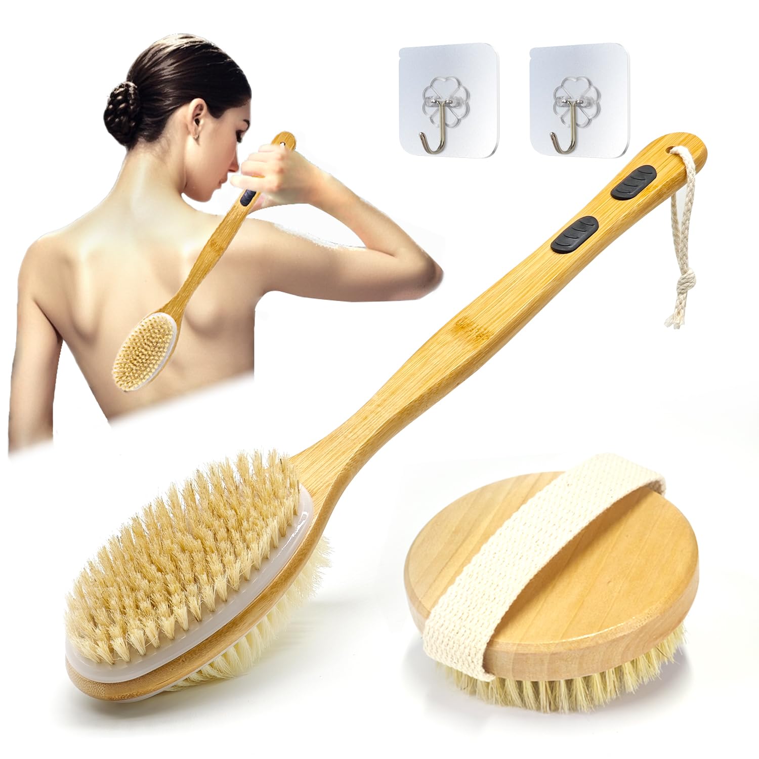 YUNYU Body Brush Set – 2pc Bamboo Long Handle Back Scrubber & Dry Brush