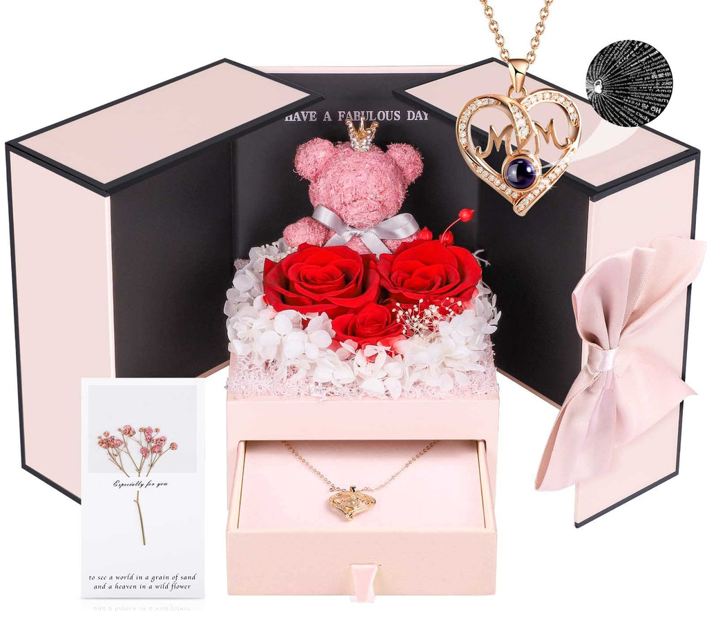 ADDWel Preserved Real Roses with I Love You Mum Necklace Gift Set