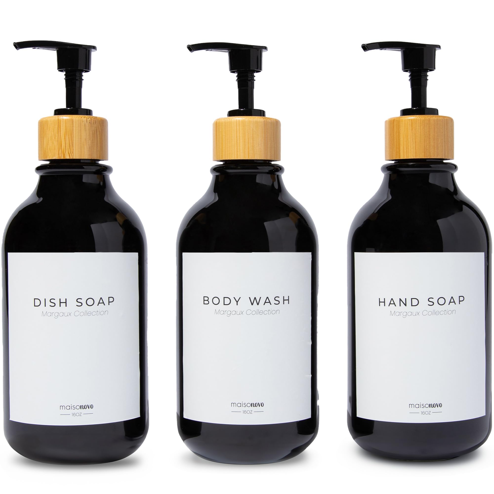 MaisoNovo Refillable Shampoo Bottles | Set of 3 Black Bamboo Pumps