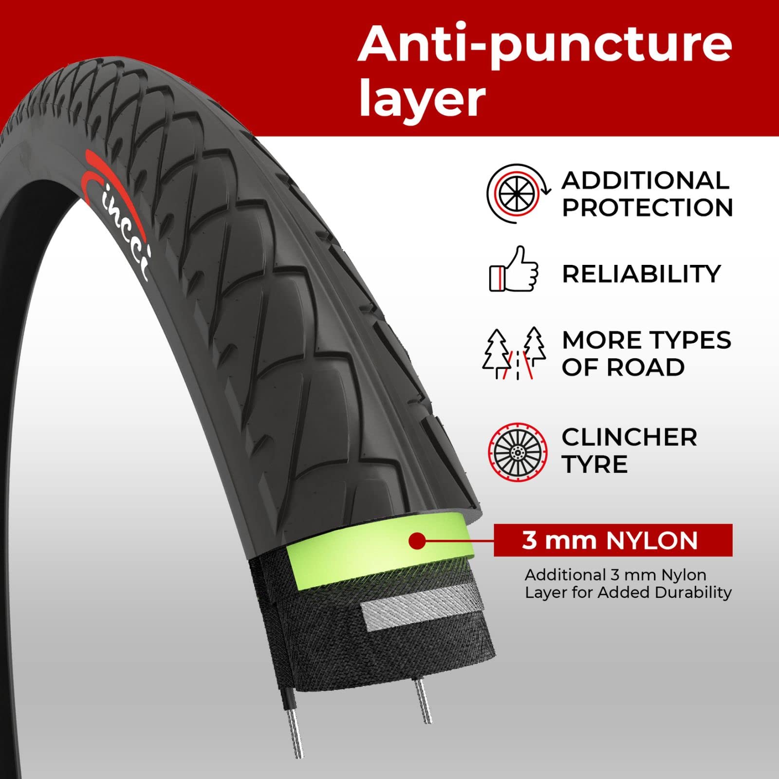 Fincci 26 x 1.95 Slick MTB Tyres | 3mm Puncture Protection & Tubes