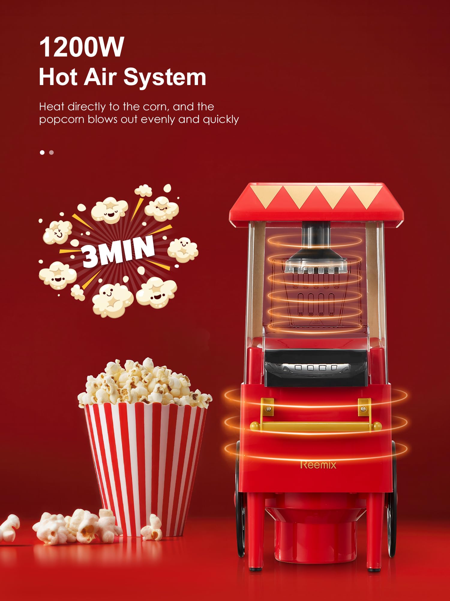 Reemix 1200W Hot Air Popcorn Maker – Oil-Free Electric Machine, White