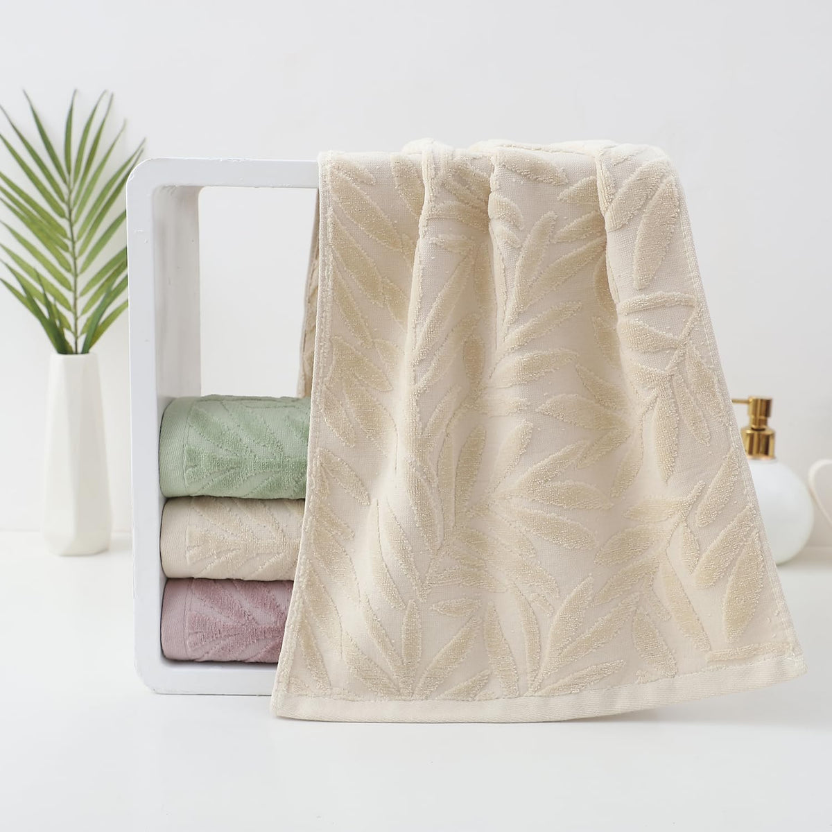 Pidada Hand Towels Set of 4 Leaf Pattern 100% Cotton Absorbent Soft Decorative Towel for Bathroom Light Brown - image 4