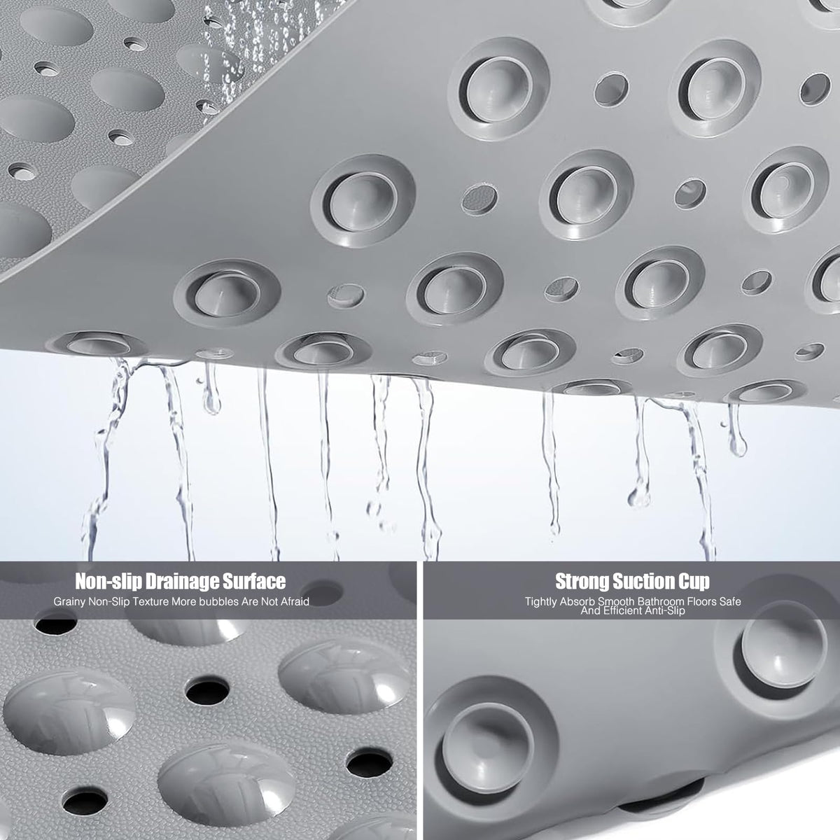 Non Slip Extra Large Shower Mat, 60 x 90 cm Anti Mould Long Bath Mat TPE Shower Mats for Inside with Drain Holes and Suction Cups Gray
