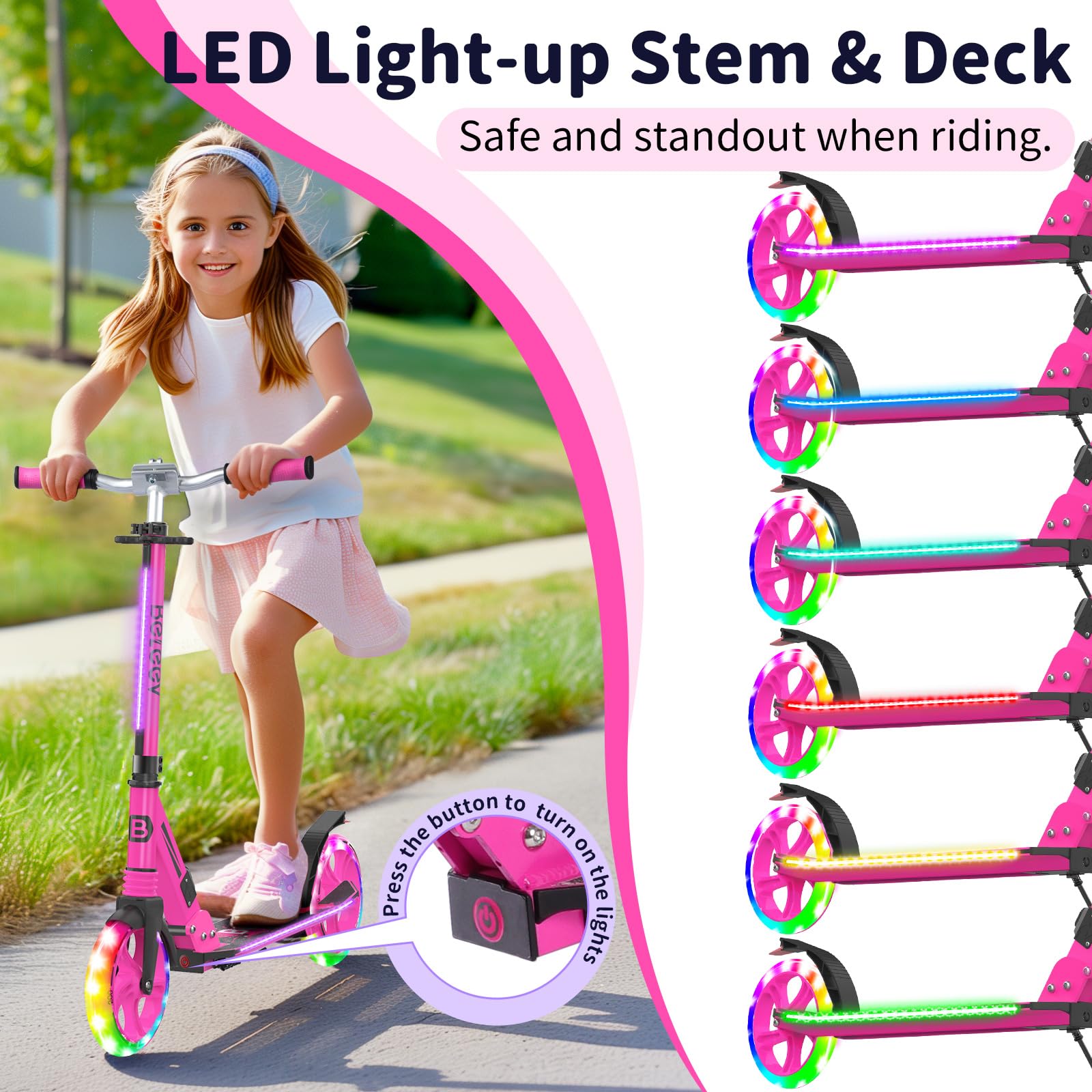 BELEEV V8 Light-Up Folding Scooter – Adjustable 2-Wheel Commuter for Kids
