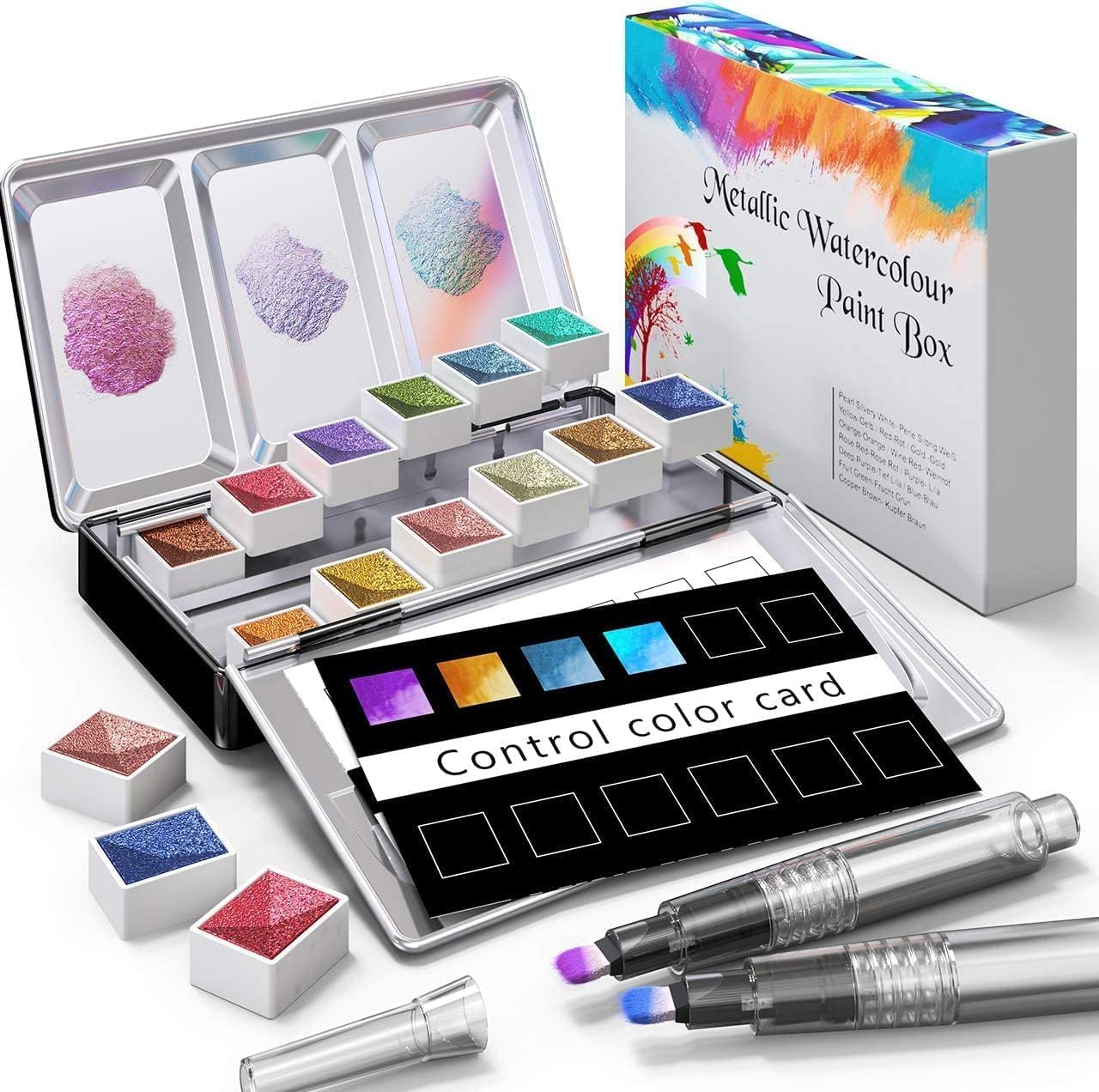 RATEL Metallic Watercolour Paint Set | 12 Glitter Colors with Brushes