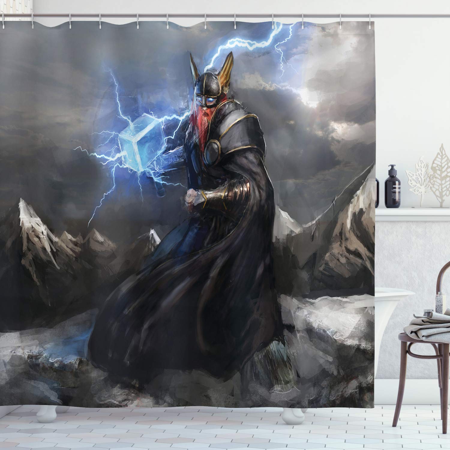 ABAKUHAUS Viking Fabric Shower Curtain | Thor Mjolnir Decor, 175x240cm