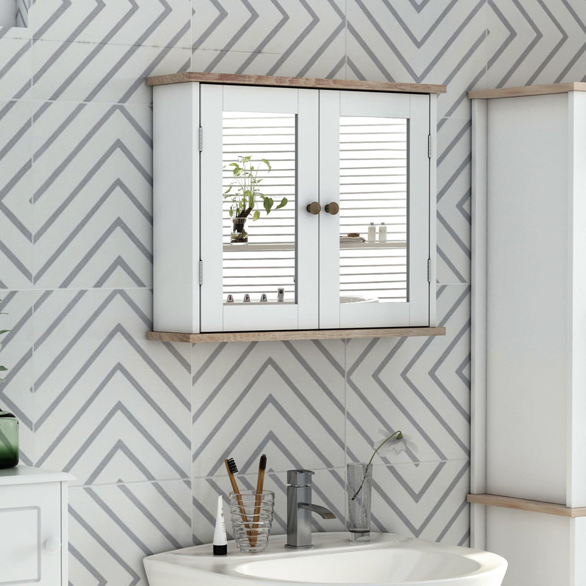 kleankin Bathroom Mirror Cabinet Wall Mounted Storage Cupboard with Double Door and Adjustable Shelf, White