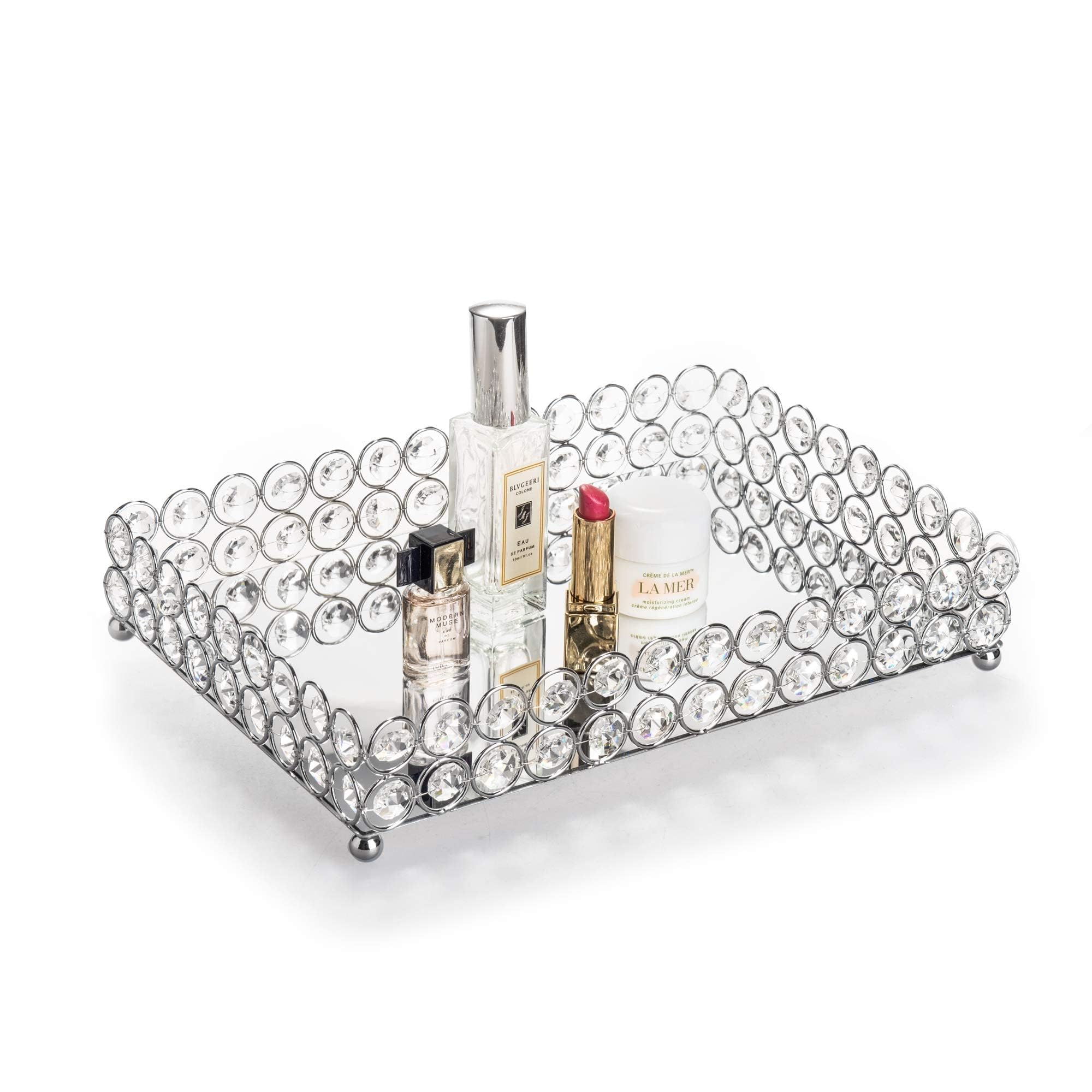Feyarl Silver Mirrored Crystal Tray | 12" Vanity Perfume & Cosmetic Organizer