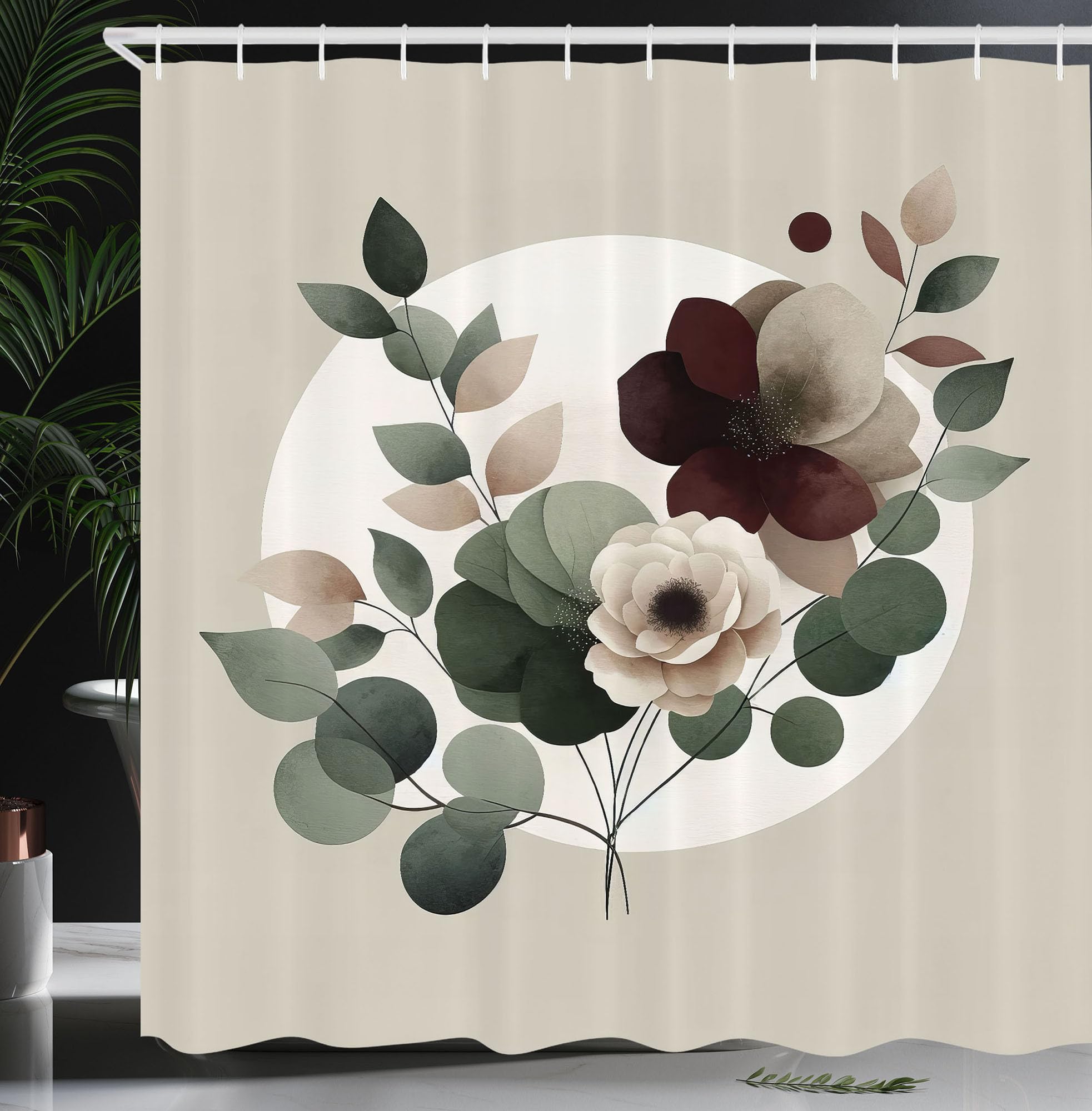 Abakuhaus Monstera Shower Curtain | Boho Floral Fabric Decor – Sage & Blush