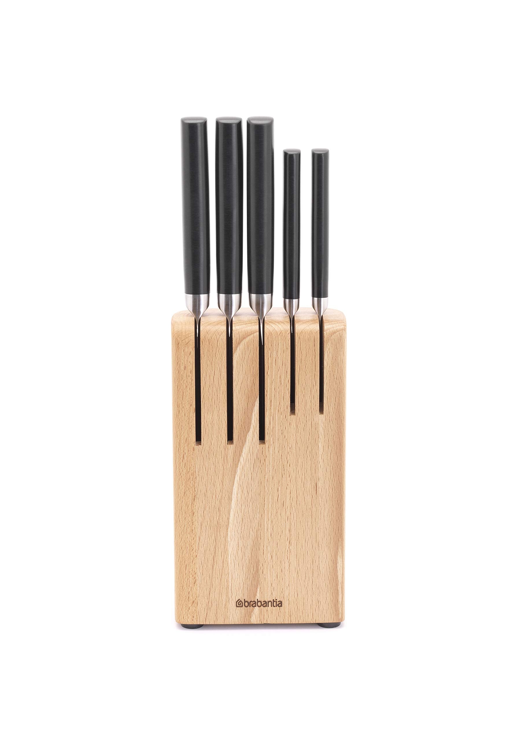 Brabantia 6-Piece Knife Block Set – Beech Wood & Dark Grey Knives