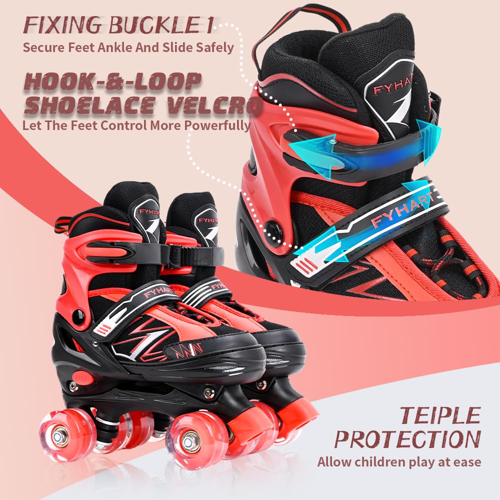 MGY Kids Adjustable Roller Skates with 8 Light Up Wheels – Red