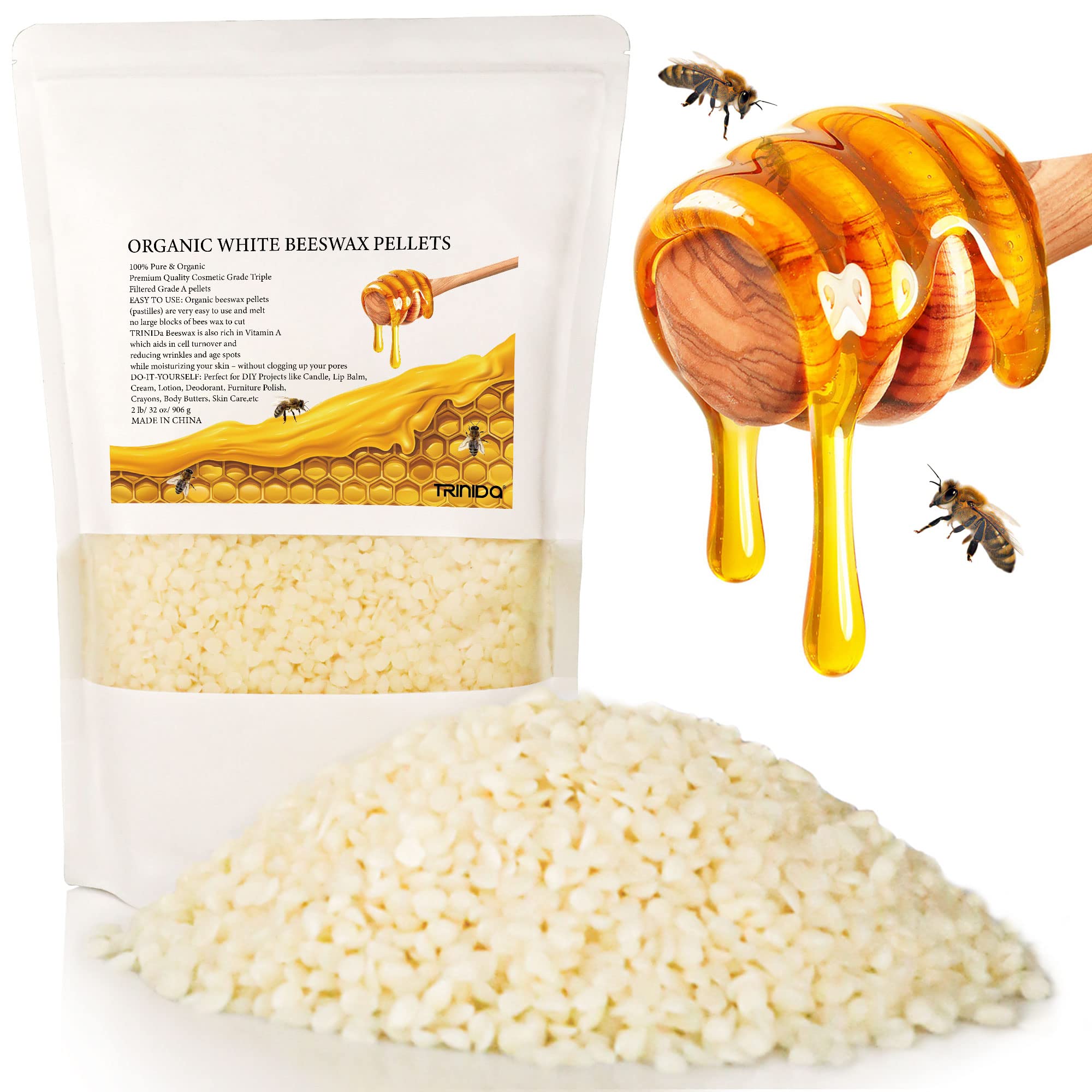 TRINIDa White Beeswax Pellets – 2lb Cosmetic Grade for Candle Making