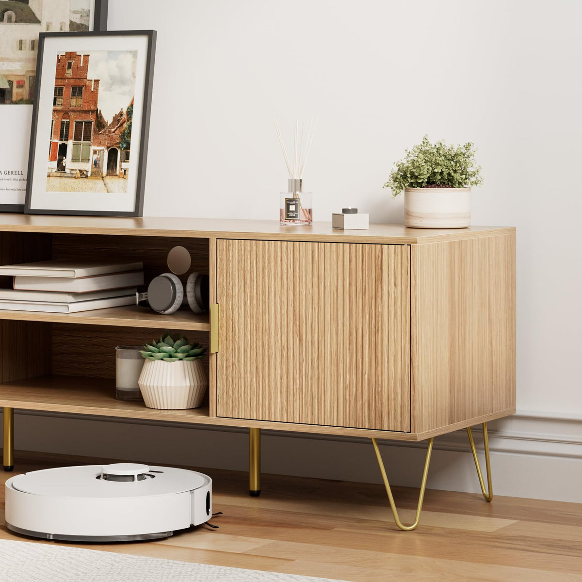 HEYZOEY Oak Fluted TV Stand, 2 Cabinets, Gold Legs, for TVs up to 65 in - image 5