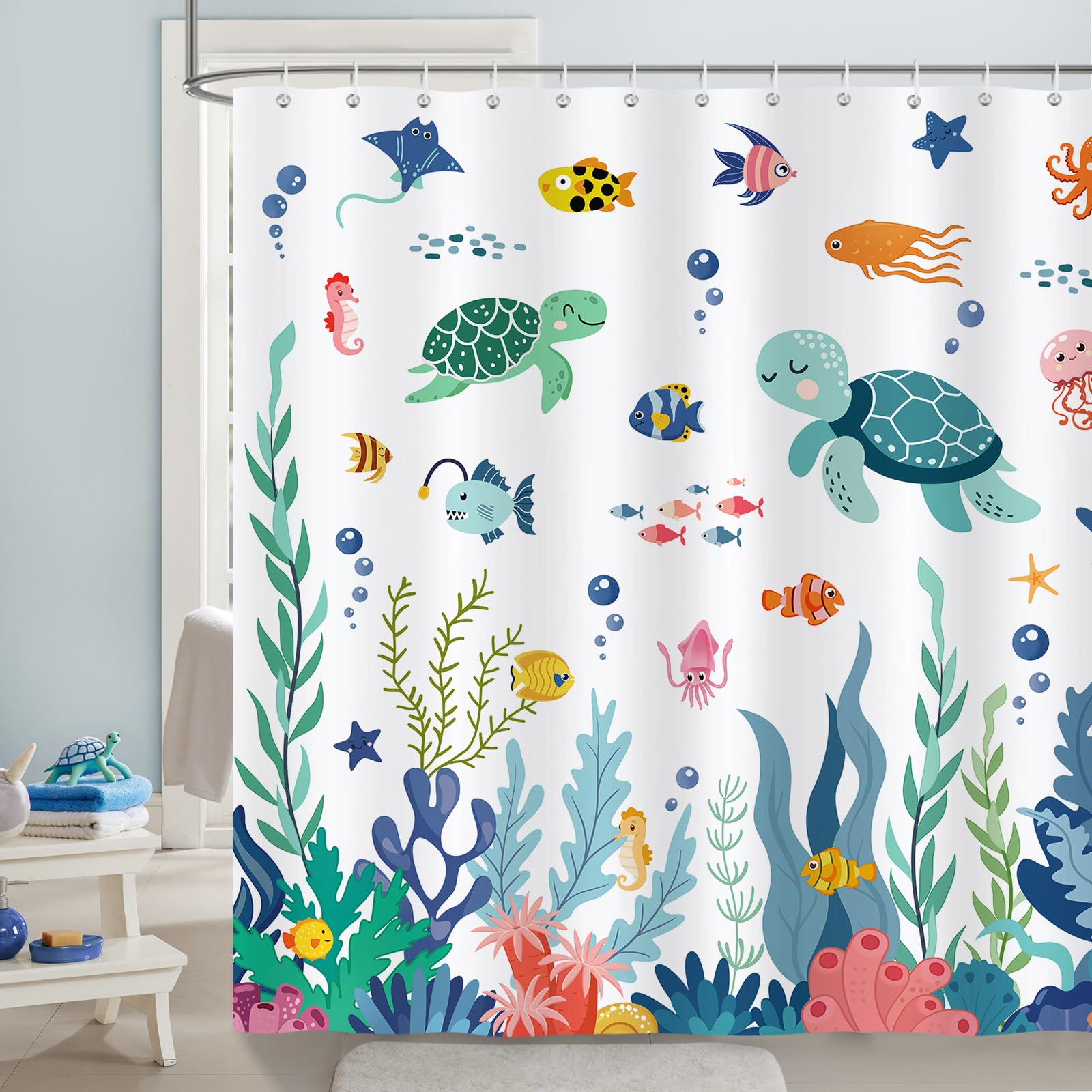Bonhause Kids Ocean Sealife Shower Curtain | Waterproof Polyester, 180x180cm