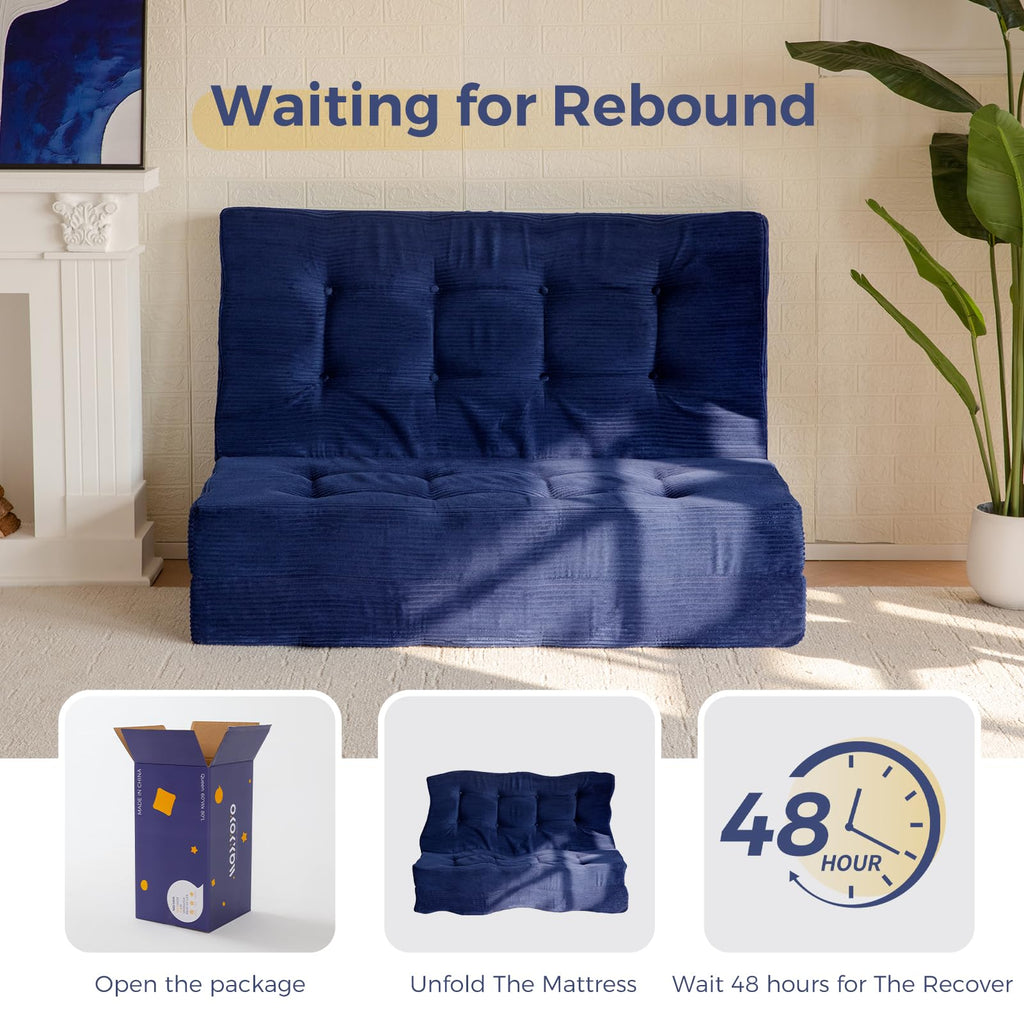 MAXYOYO Folding Mattress, Comfy Corduroy Foldable Mattress with 15cm Thicken Foam, Tri-Fold Floor Futon Sofa Bed for Guest,Dark blue,Double