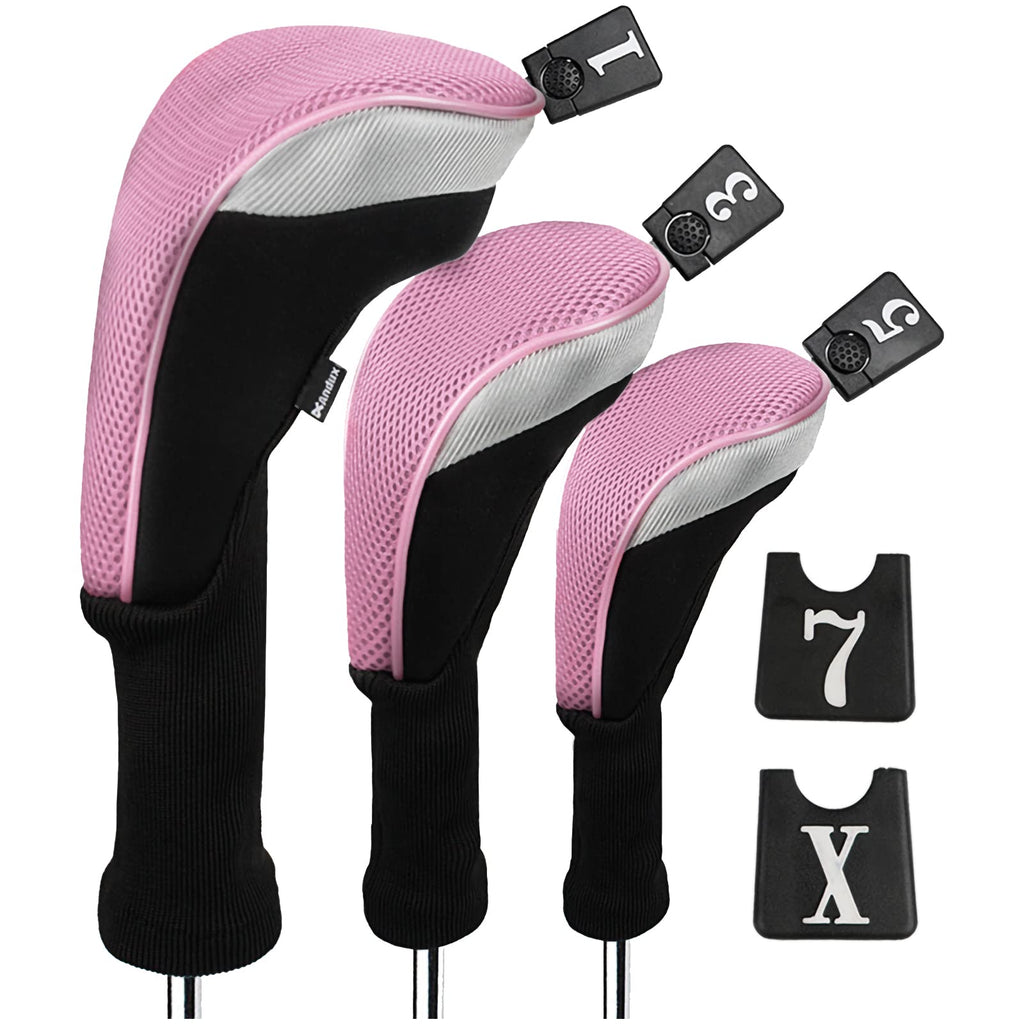 Andux 6-Piece Golf Club Head Covers Set - Driver, Wood, Hybrid - Black/Pink