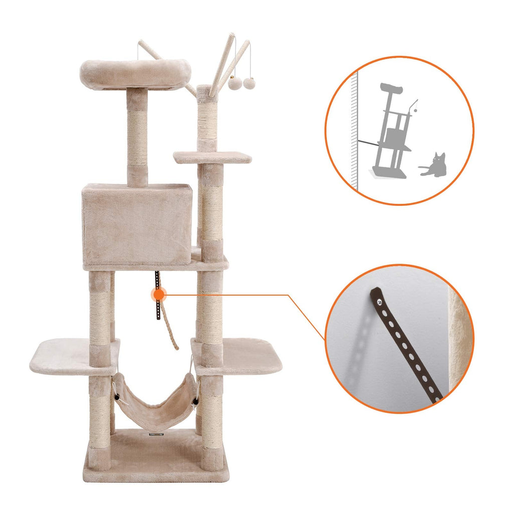 FEANDREA Cat Tree Tower with Condo, Hammock and Perch – Beige