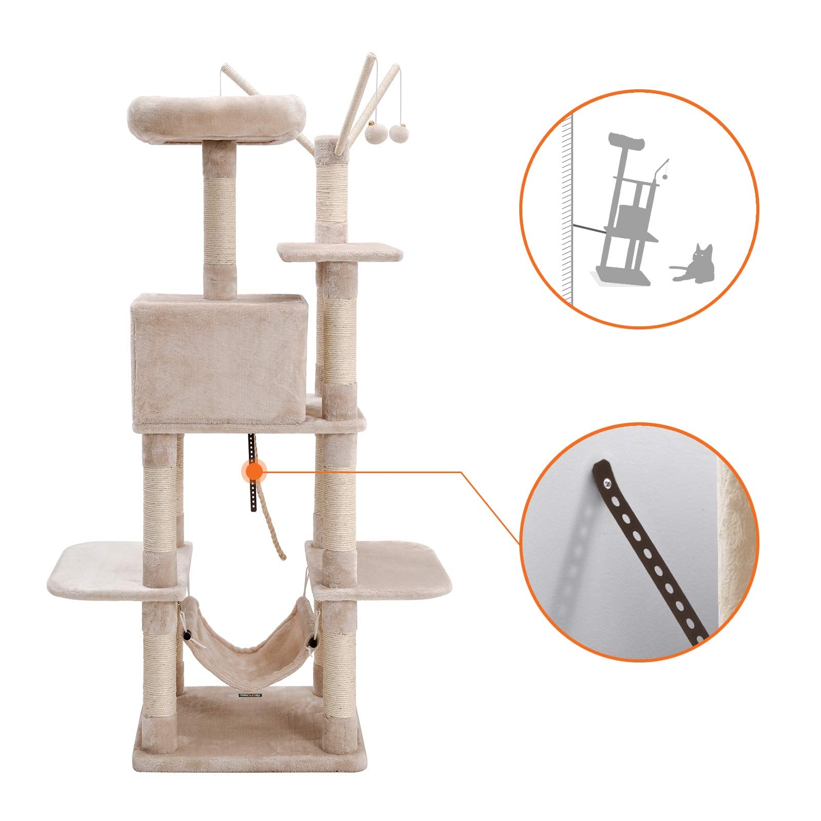 FEANDREA Cat Tree Tower with Condo, Hammock and Perch – Beige
