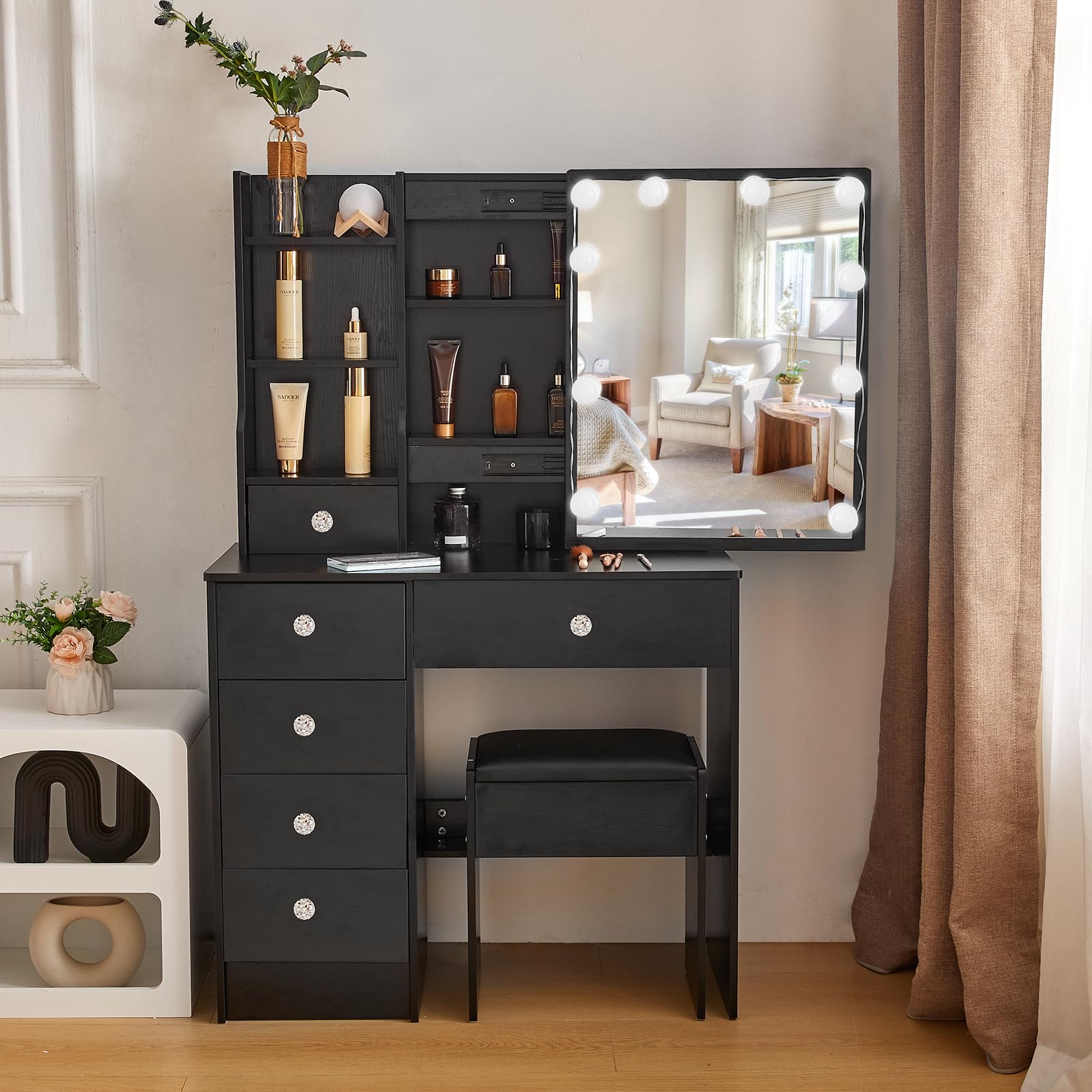 Buildonely Vanity Desk with LED Mirror - Dressing Table with 6 Drawers
