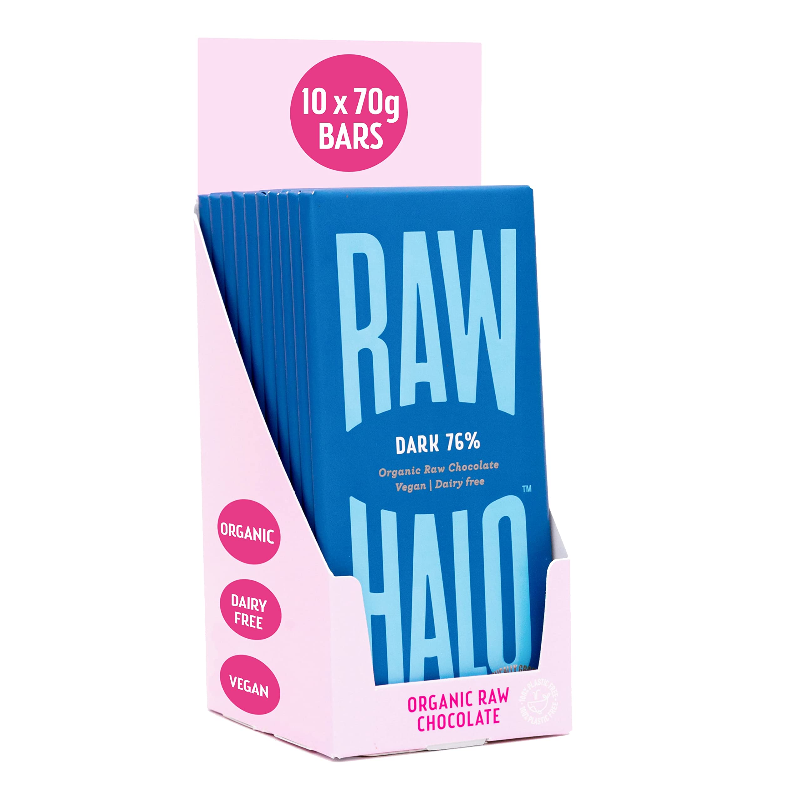 Raw Halo 76% Dark Vegan Chocolate Bar – Organic & Gluten Free – 10 x 70g