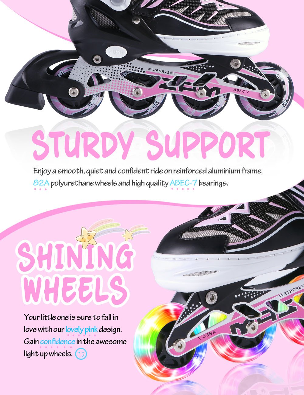 2pm Sports Adjustable Light Up Inline Skates for Kids - Pink Small