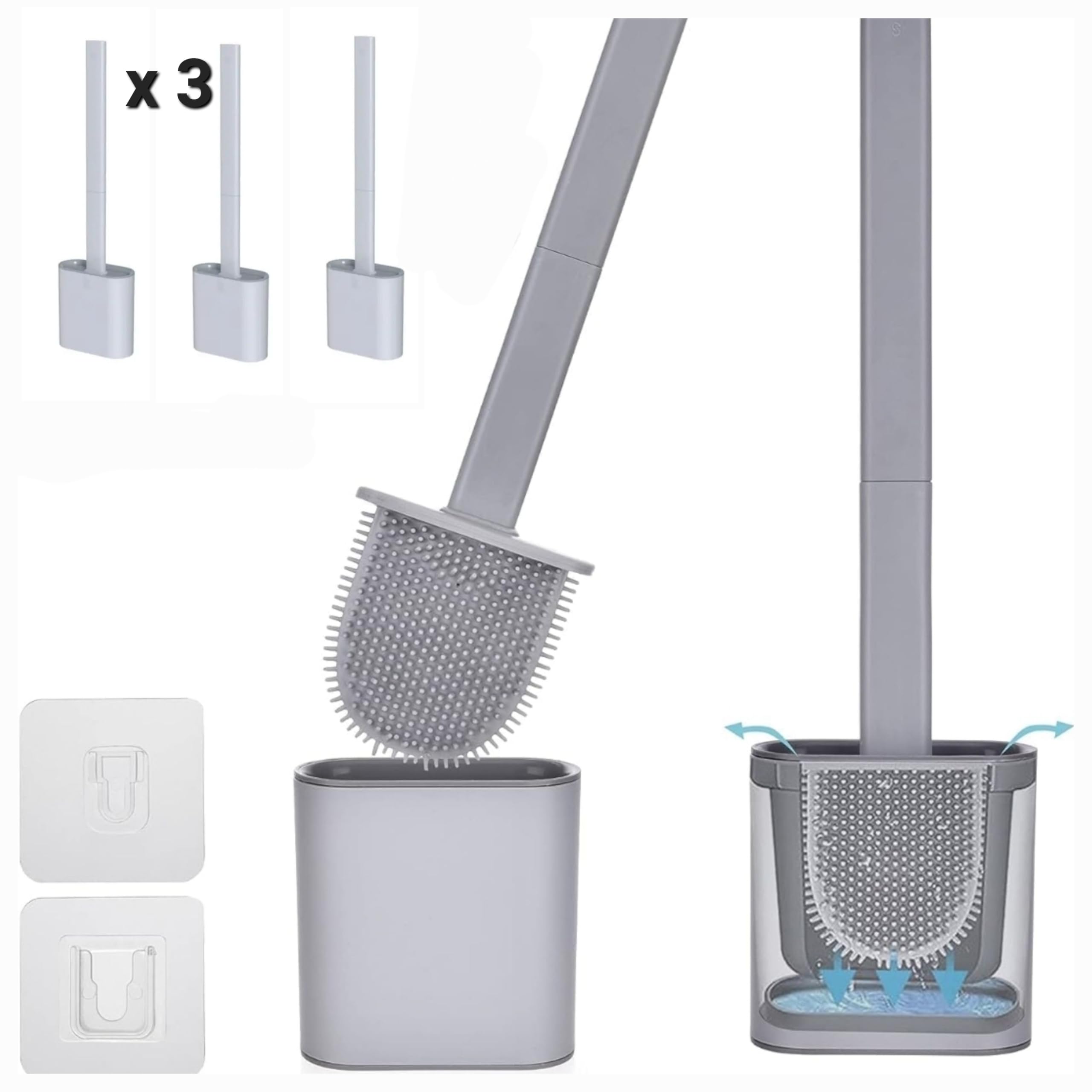 Silicone Toilet Brush & Holder - 3 Pack Grey Wall Mounted