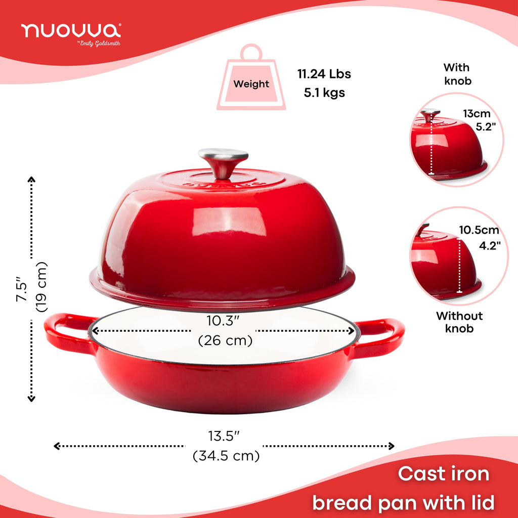 Nuovva Enamelled Cast Iron Dutch Oven - 6 Quart Red Bread Baking Pot