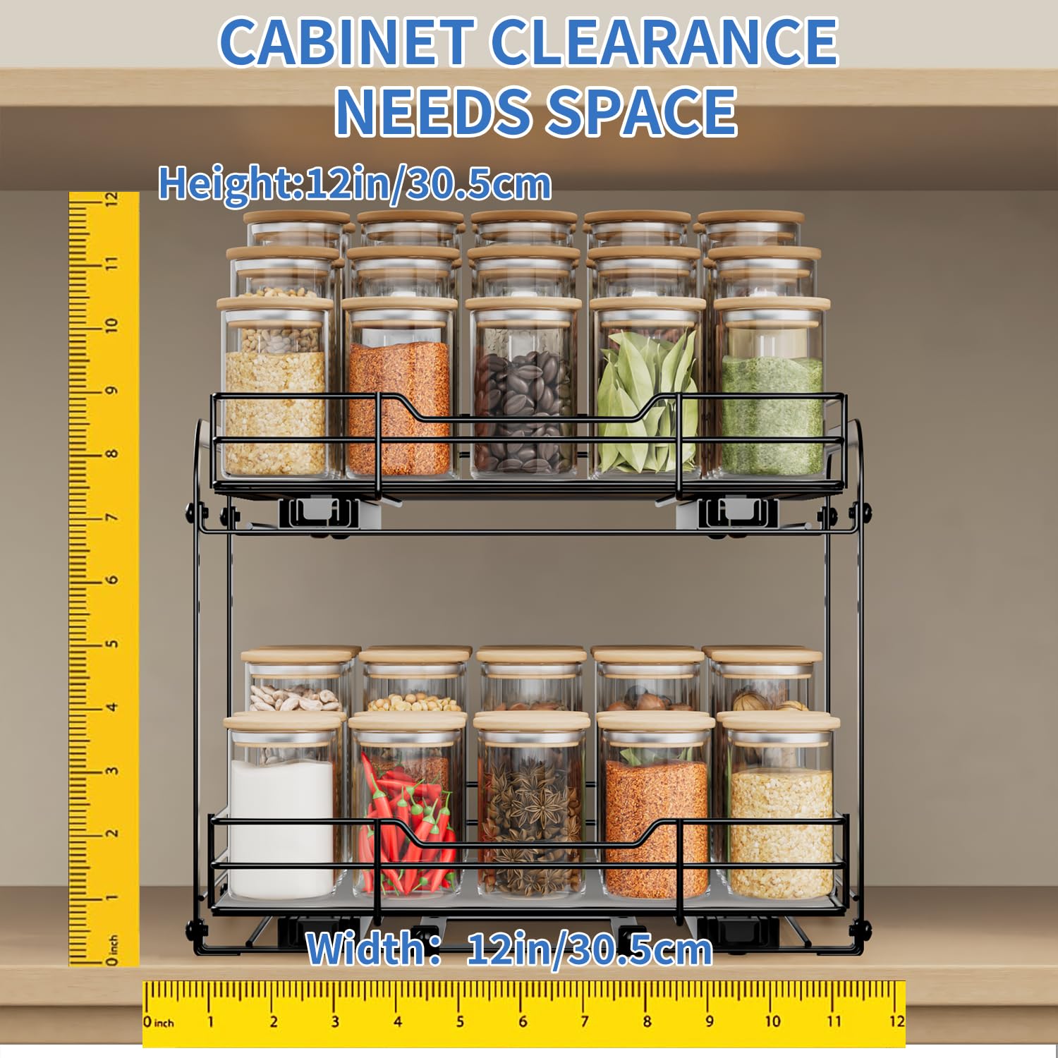 AIRUJIA Pull Out Cabinet Organizer – 2-Tier Metal Adjustable Spice Rack