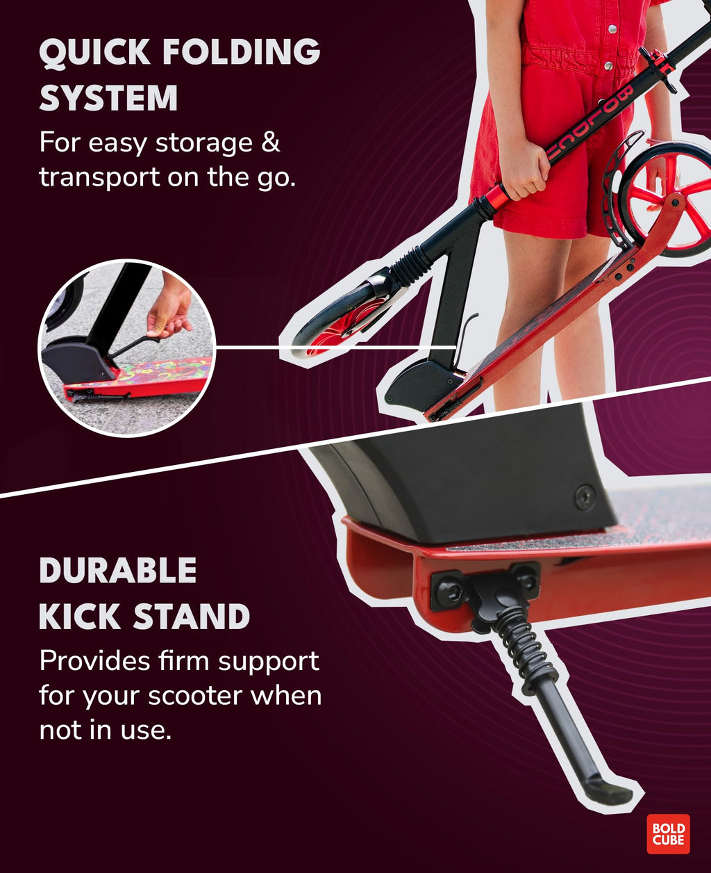 BOLDCUBE Big 2 Wheel Scooter for Kids & Teens - 200mm Wheels - Magenta