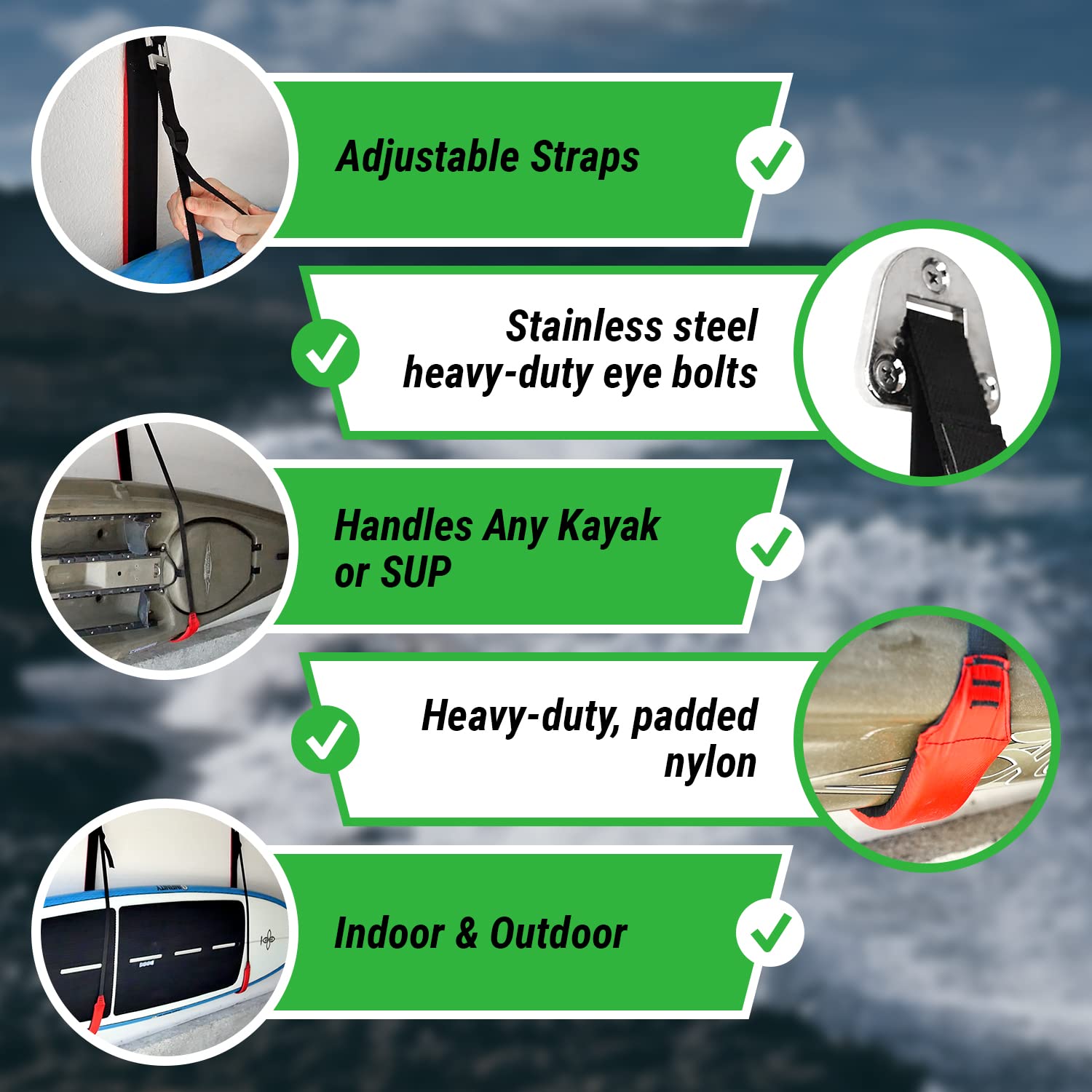 COR Surf Kayak Sling – Heavy-Duty Padded Nylon SUP Storage Wall Mount