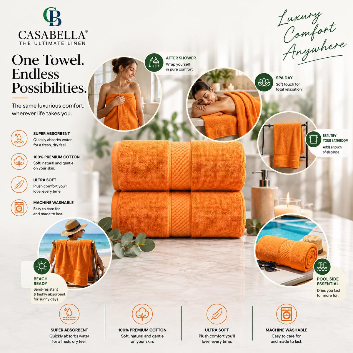 Casabella CB 2 Piece Jumbo Bath sheet 100% Combed Cotton Extra Large Bath Towel bale set super Absorbent Soft Orange 2 Pack 90X180 CM Bath-sheets for - image 4