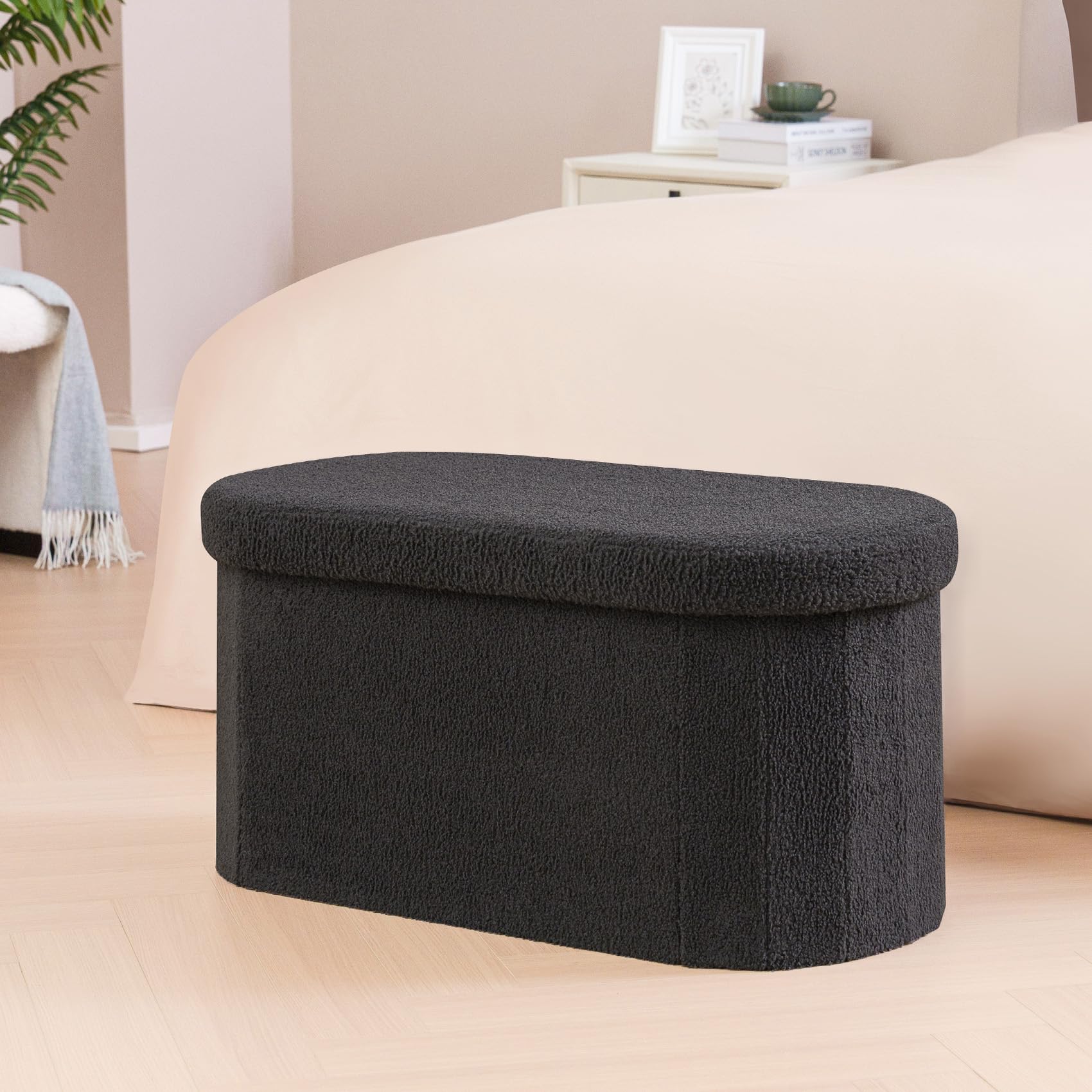 Bonlife Folding Boucle Storage Ottoman Bench | Oval Footstool - Dark Grey