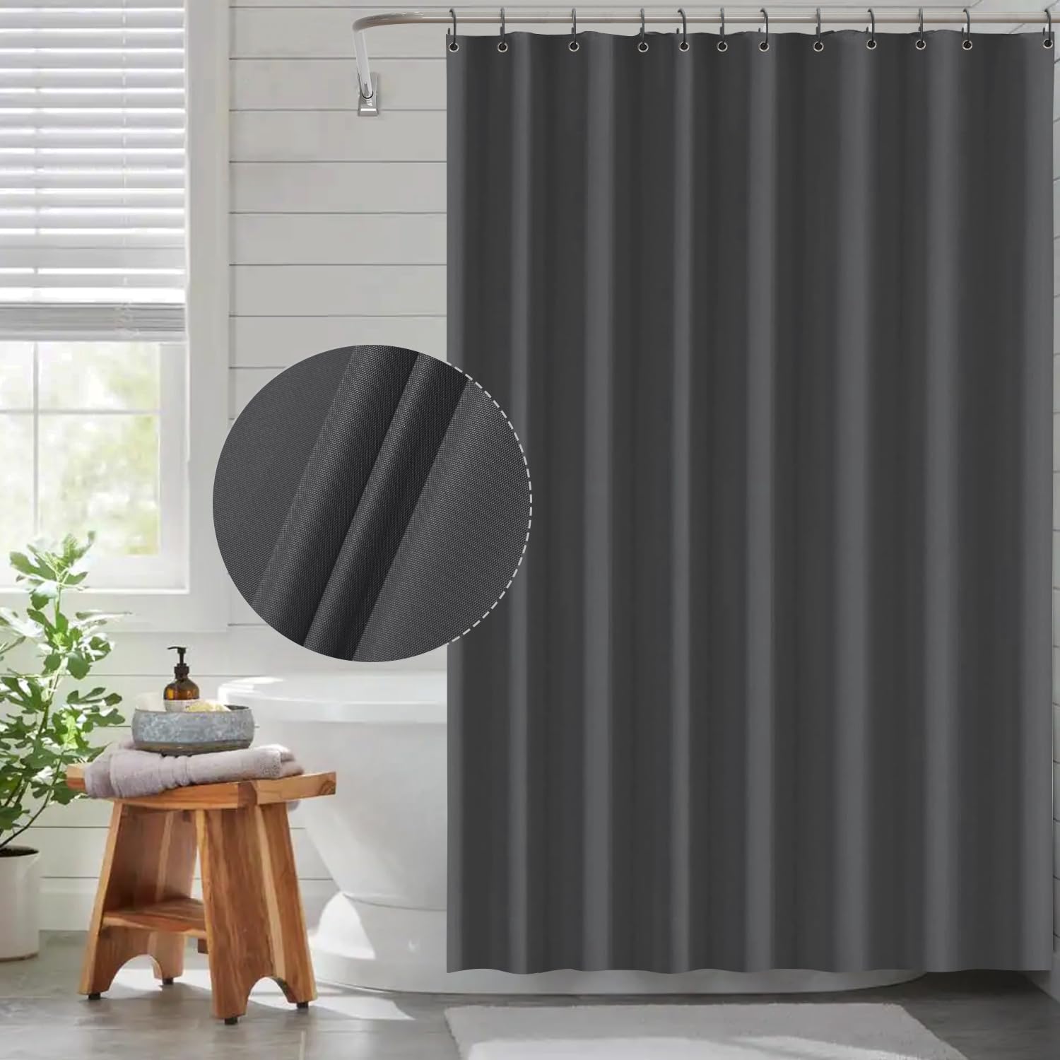 Funria EVA Shower Curtain | Waterproof Dark Gray Bathroom Liner with Hooks