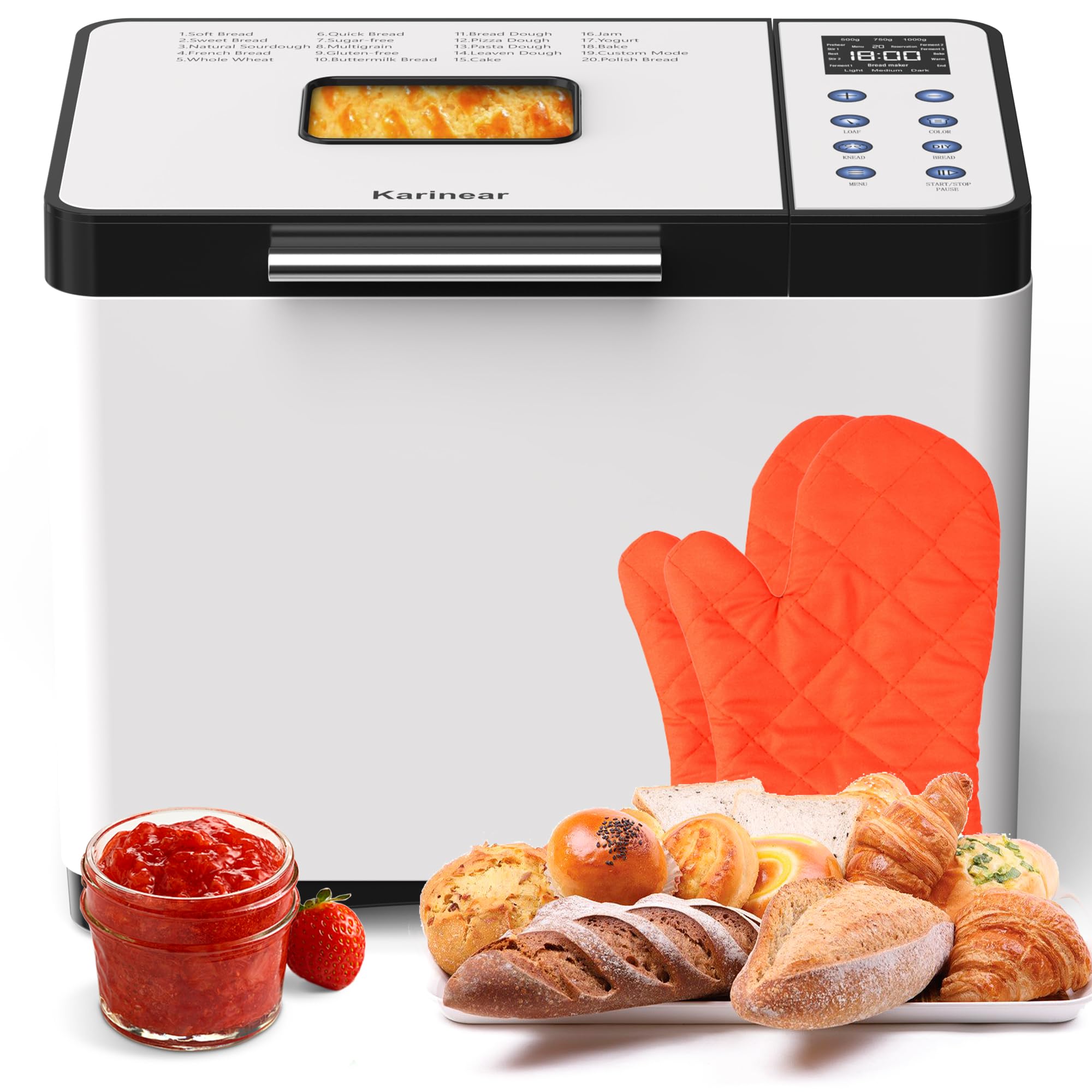 Karinear 2LB Stainless Steel Bread Maker – 20 Function Non-Stick Machine