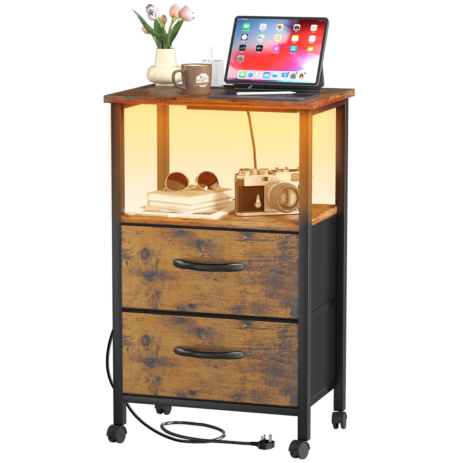 LED Bedside Table with Charging Station & 2 Drawers