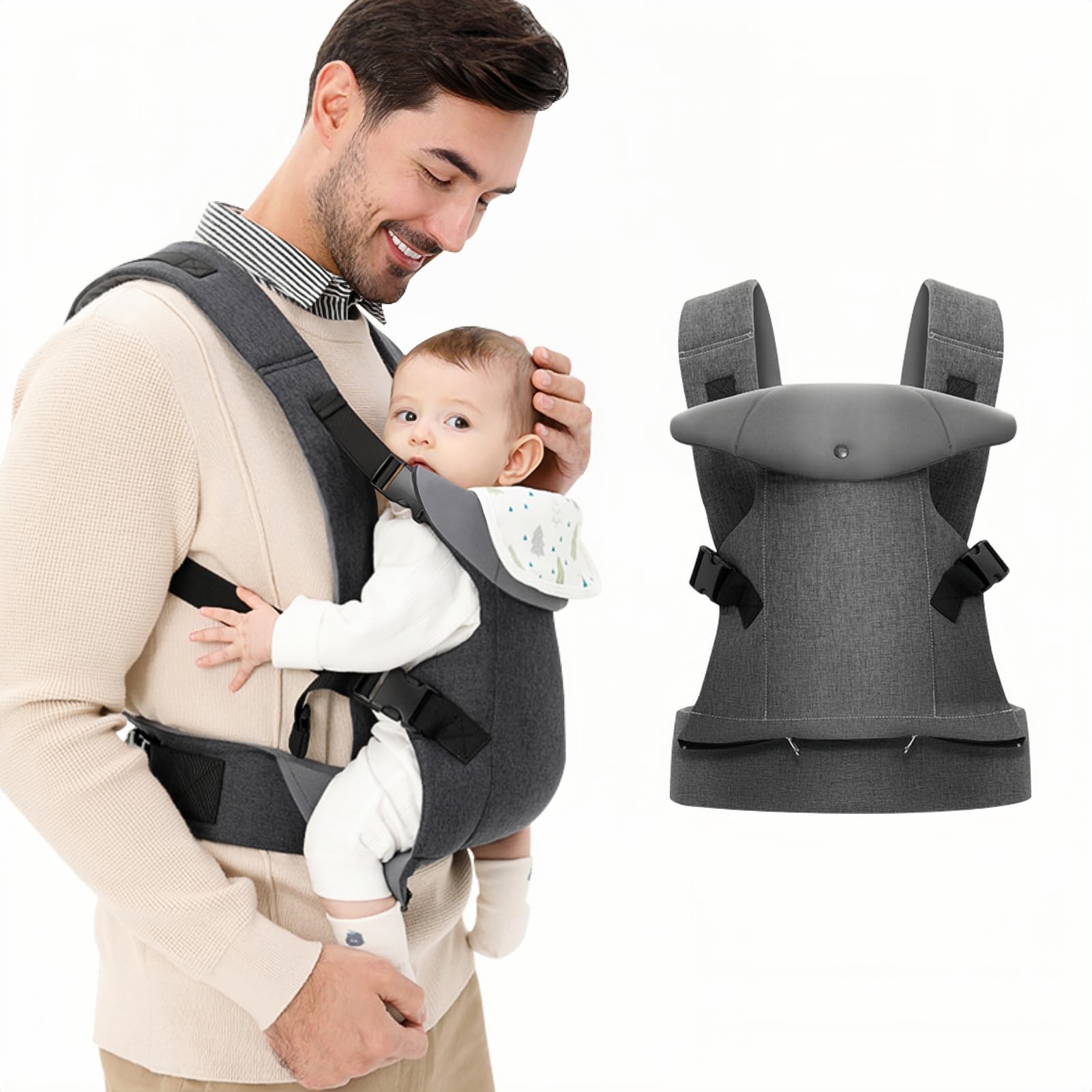 IULONEE Ergonomic Baby Carrier with Detachable Bibs - Grey (3-36 Months)